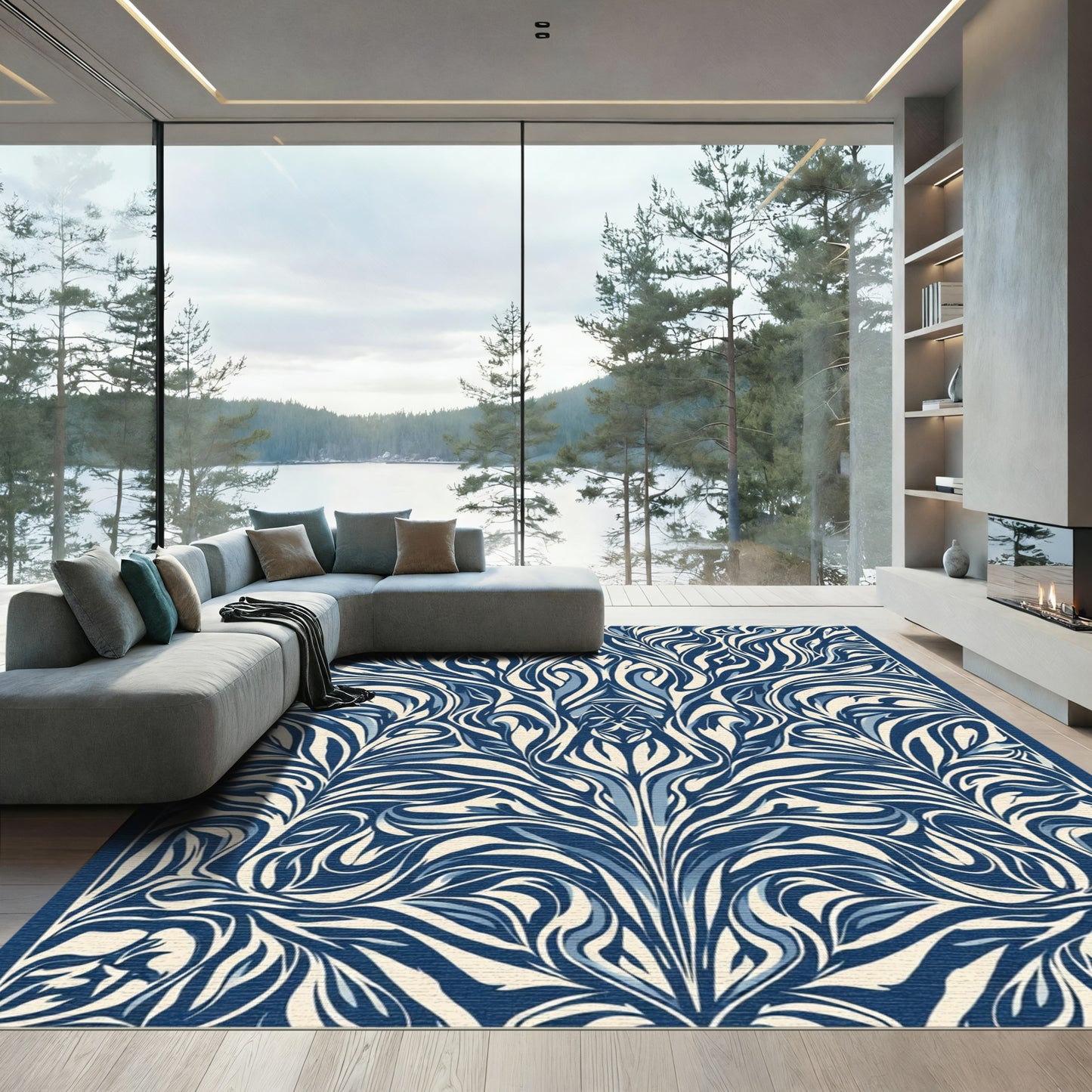 Elegant Blue Cream Swirling Floral Rug