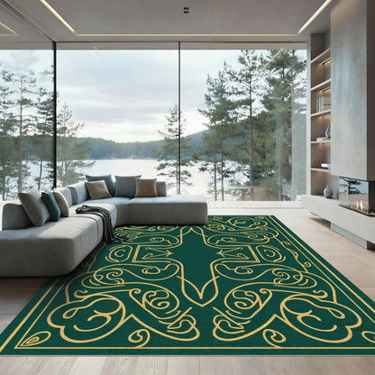 Elegant Emerald Gold Paisley Swirl Rug