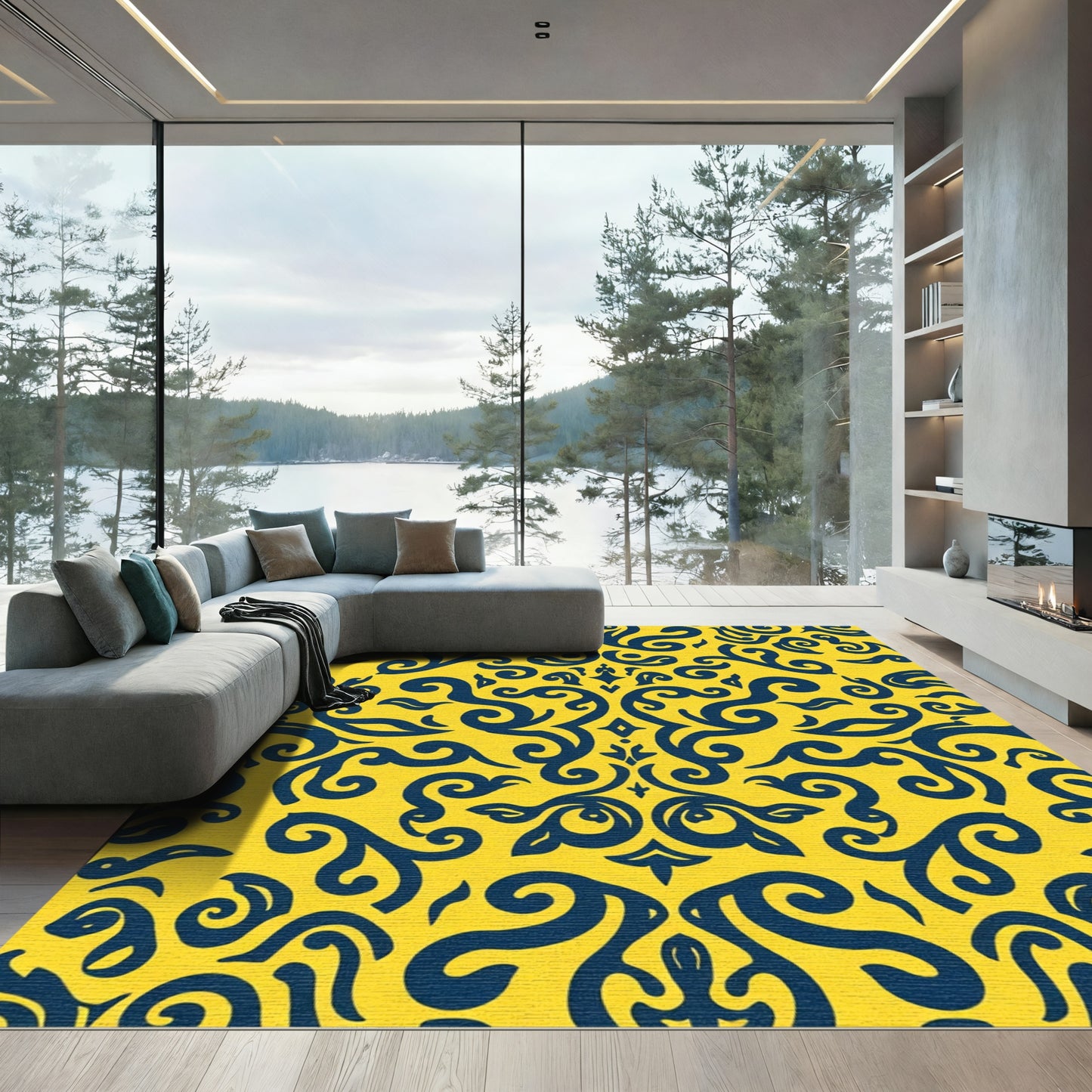 Royal Blue Swirl Scrollwork Ochre Rug