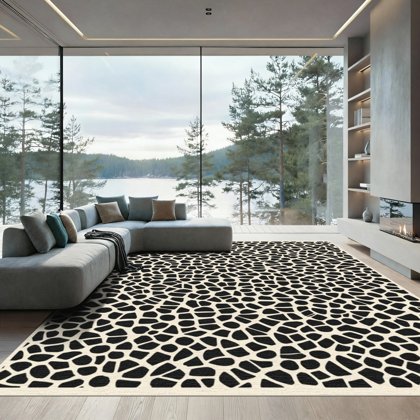 Cream and Black Organic Mosaic Rug
