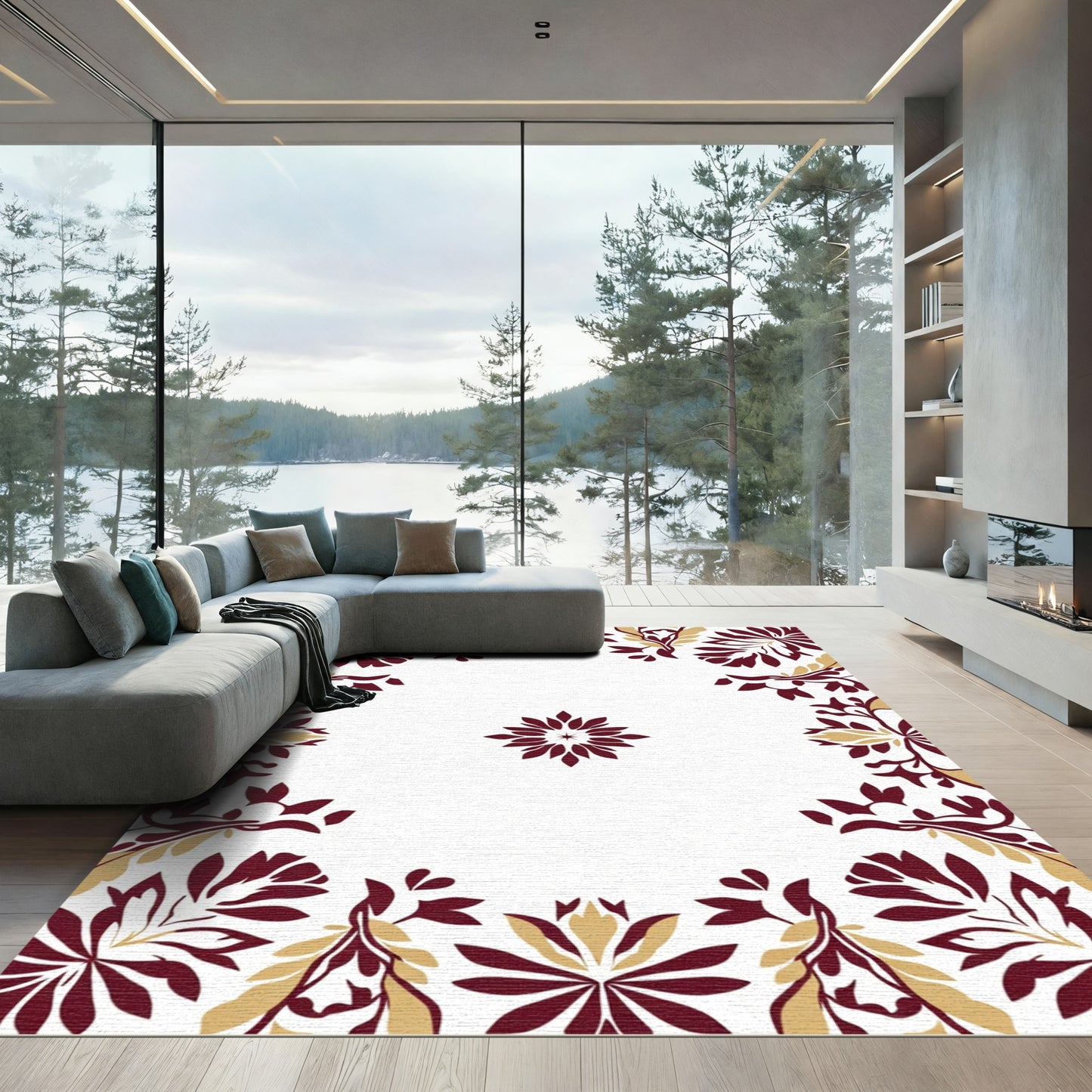 Maroon and Gold Floral Sunburst Rug