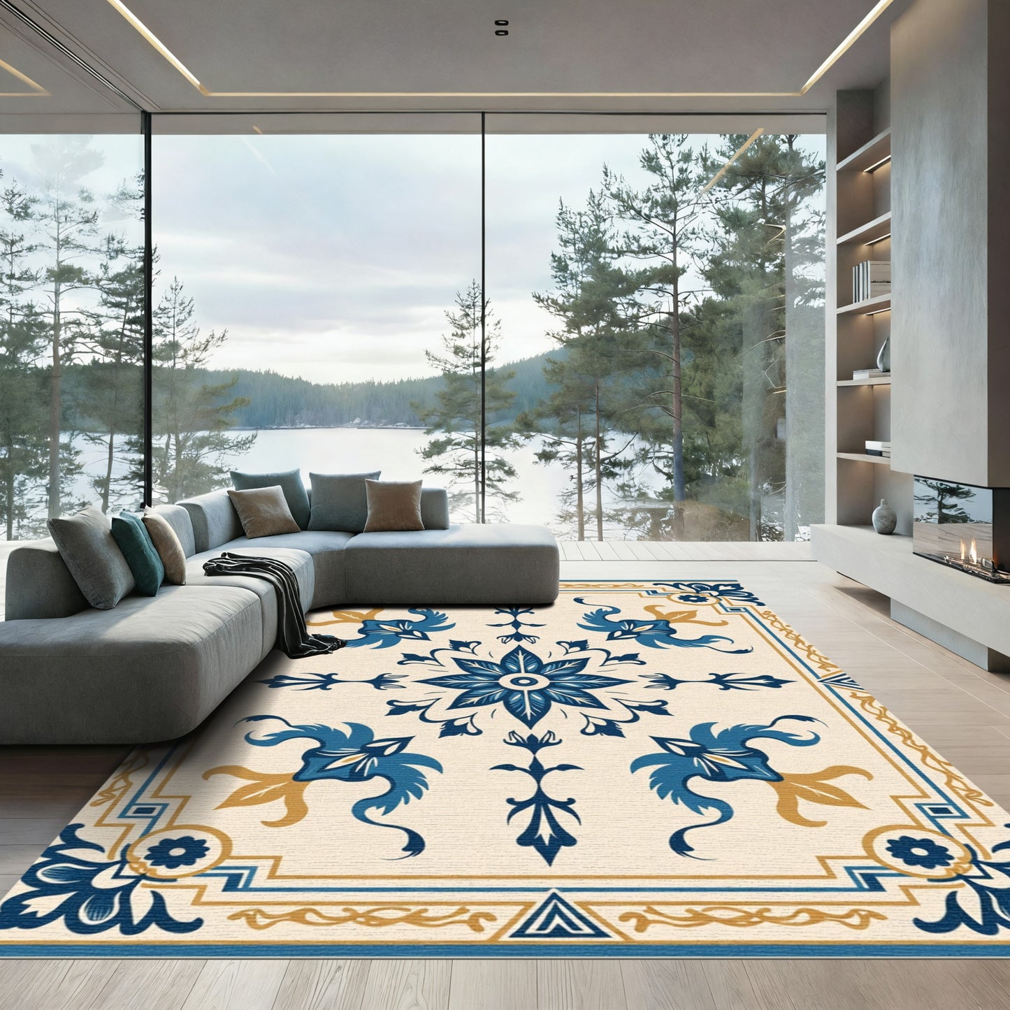 Cerulean Indigo Floral Grand Medallion Rug