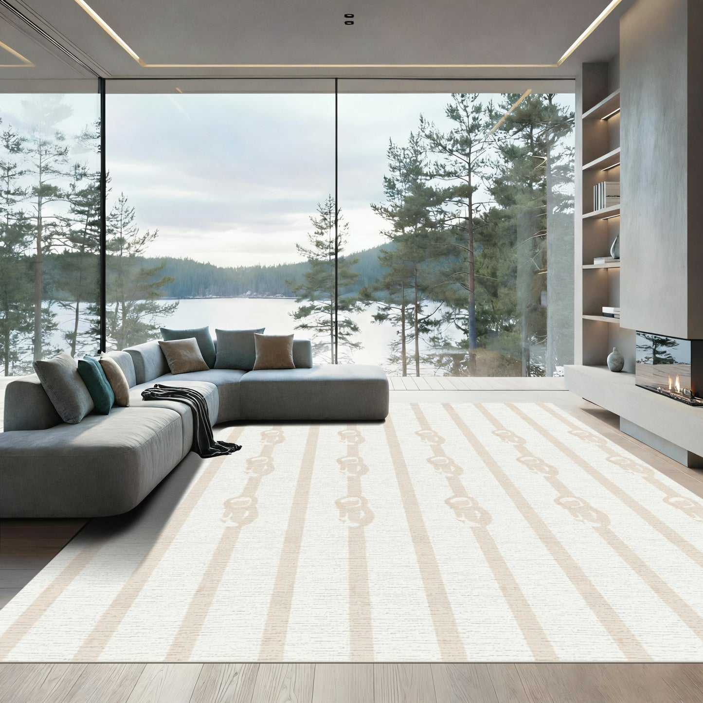 Neutral Beige Vertical Stripe Abstract Rug