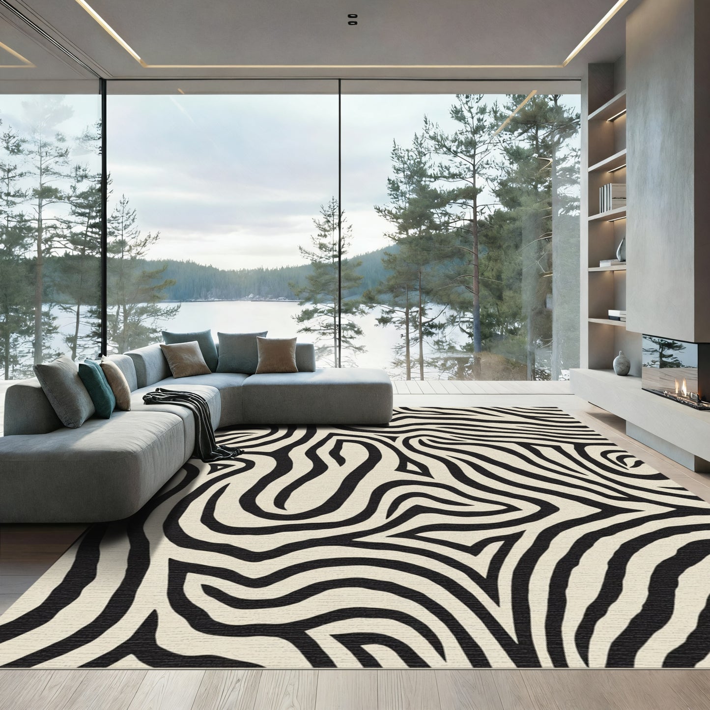 Cream Black Abstract Zebra Stripe Rug