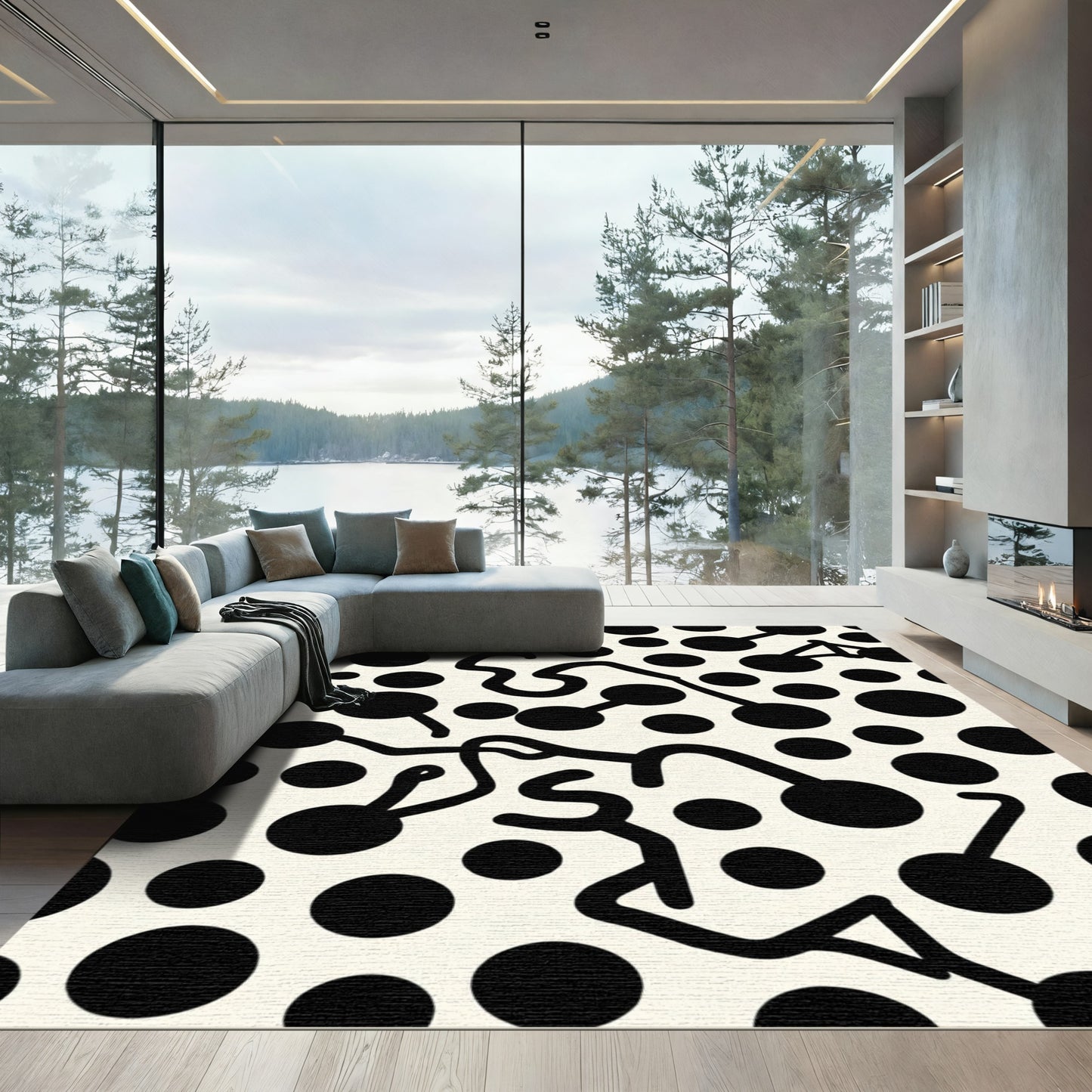 Abstract Black Circles Connective Lines Rug