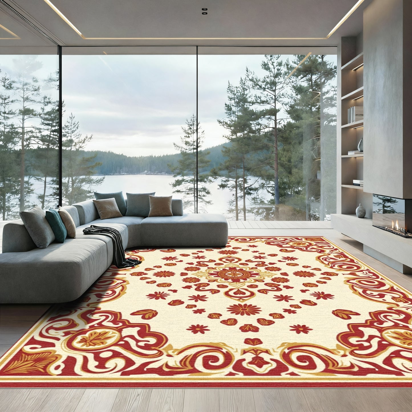 Crimson Gold Floral Burst Medallion Rug