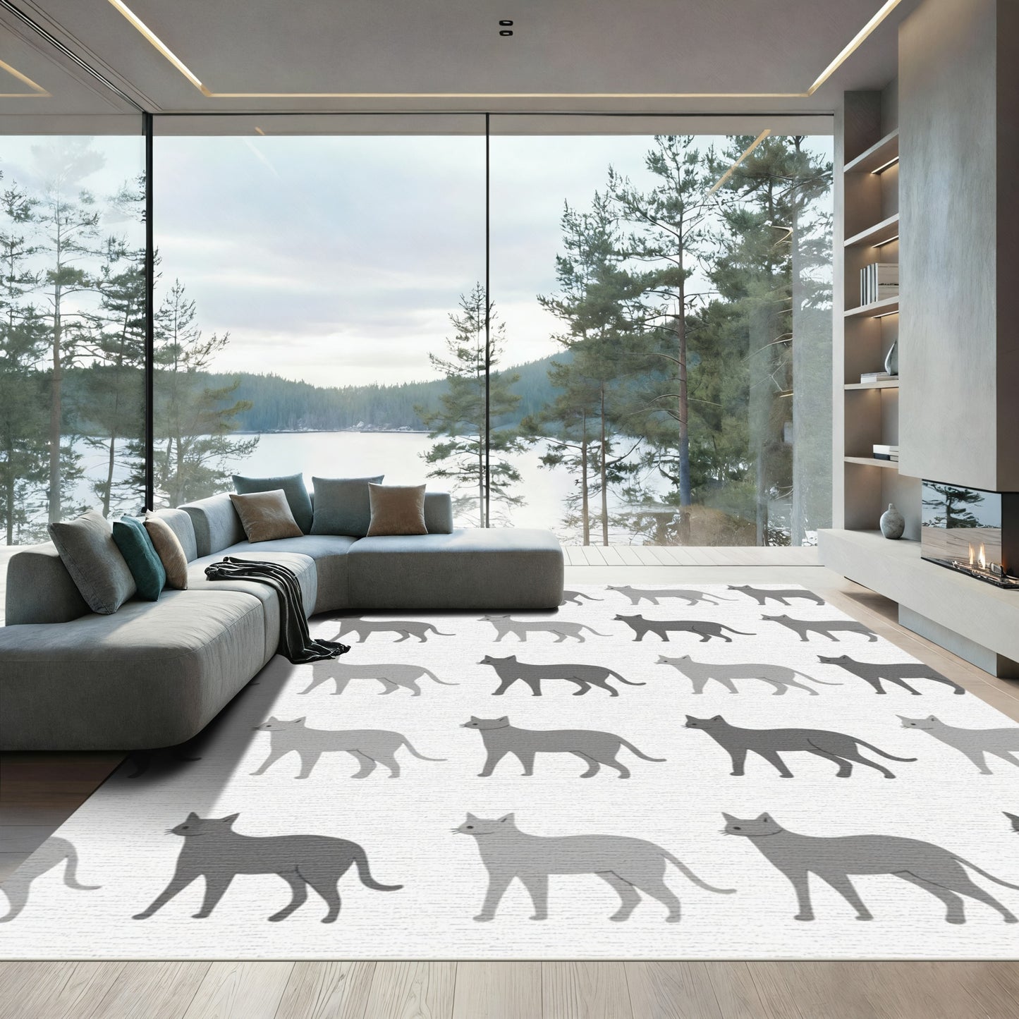 Gray Feline Collection Grid Rug