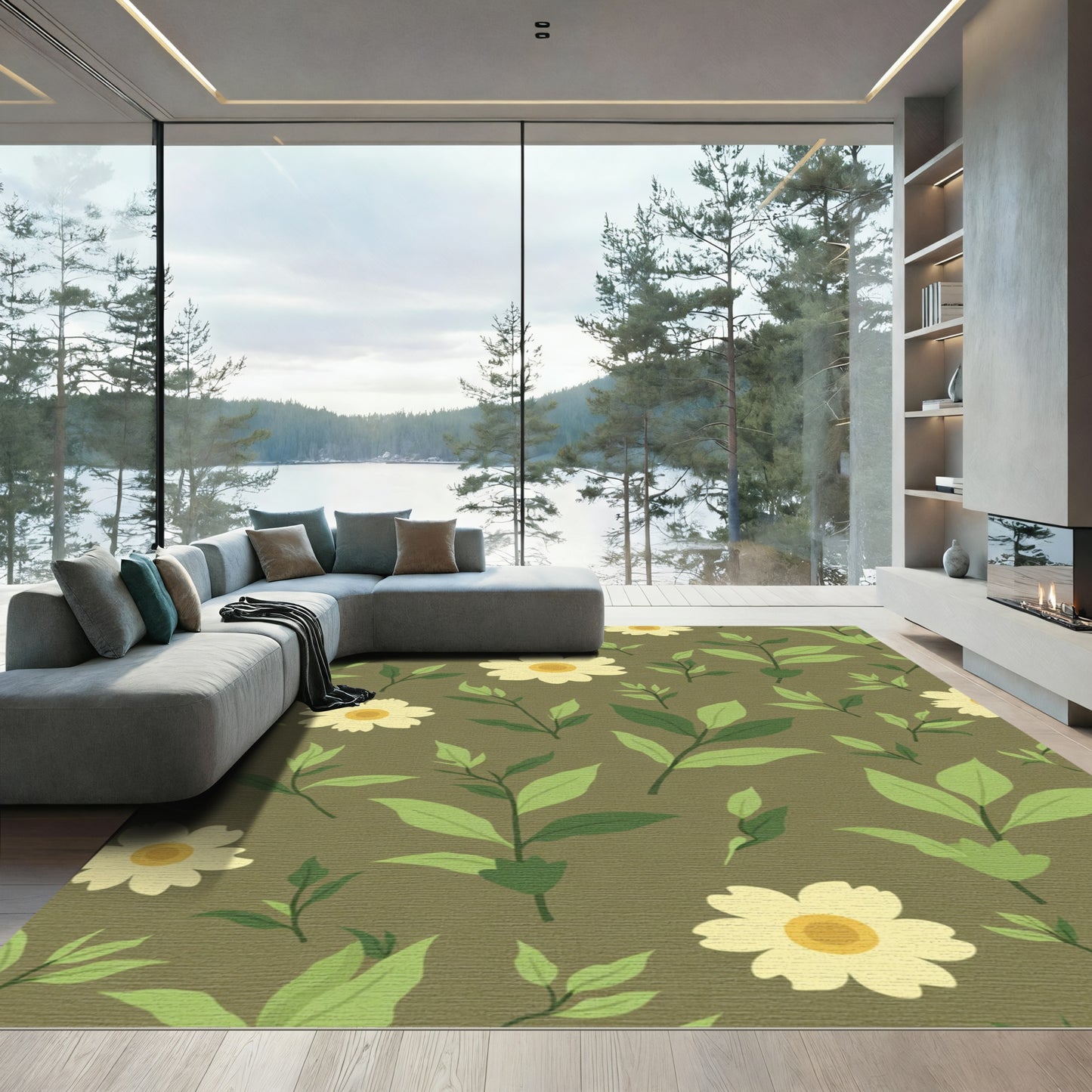 Cream Floral Leafy Branch Rug