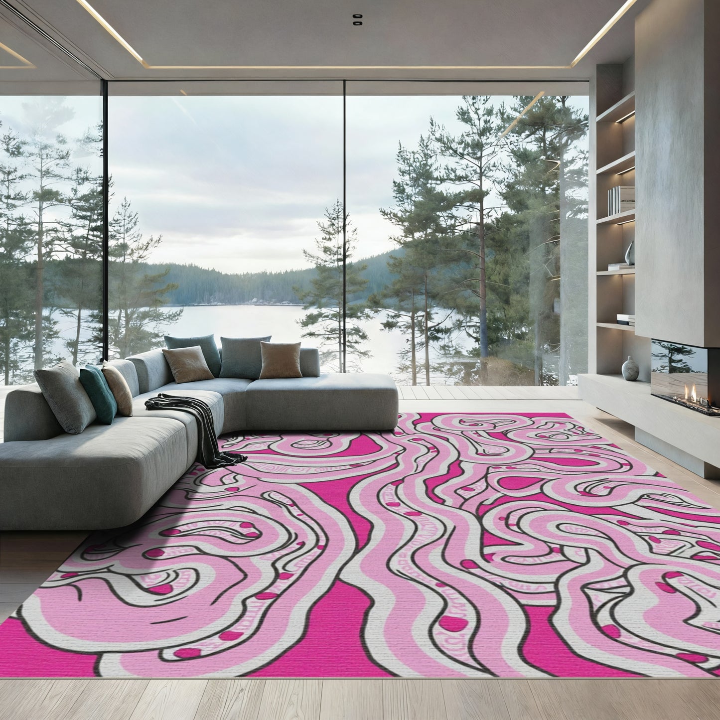 Pink Swirl Abstract Line Art Rug