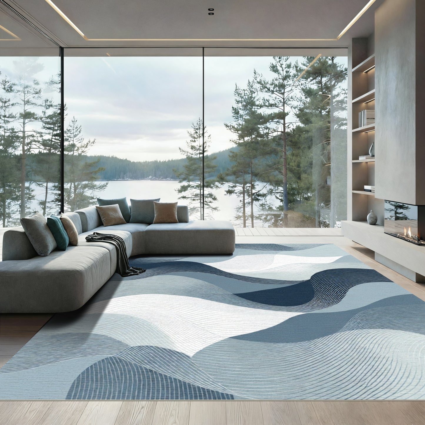 Abstract Navy Blue Gradient Waves Rug