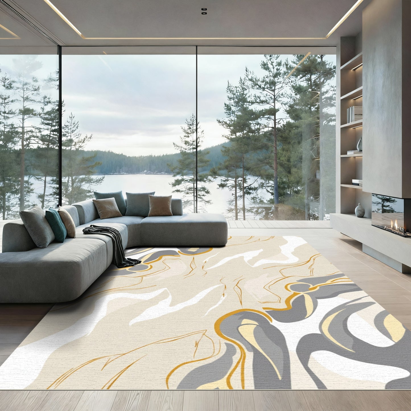 Neutral Contemporary Swirl Flow Rug