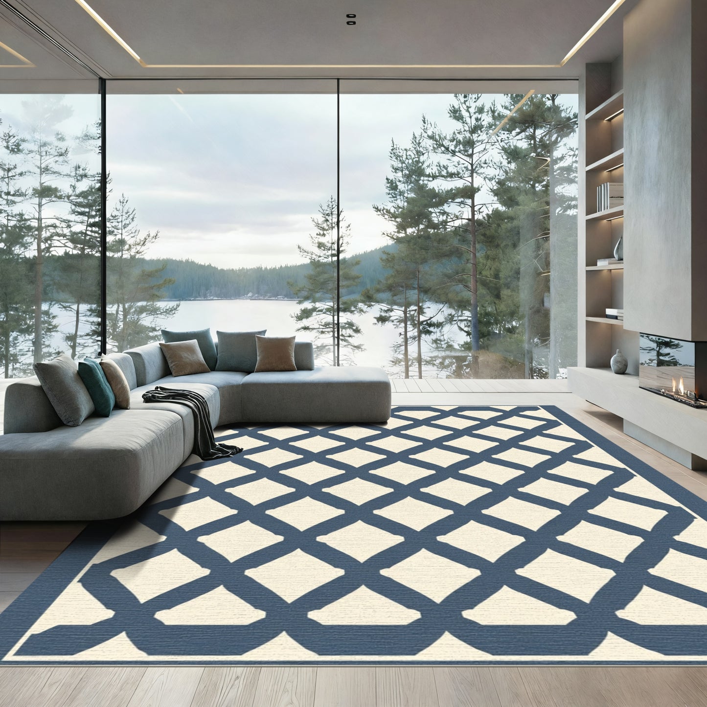 Navy Diamond Lattice Geometric Rug