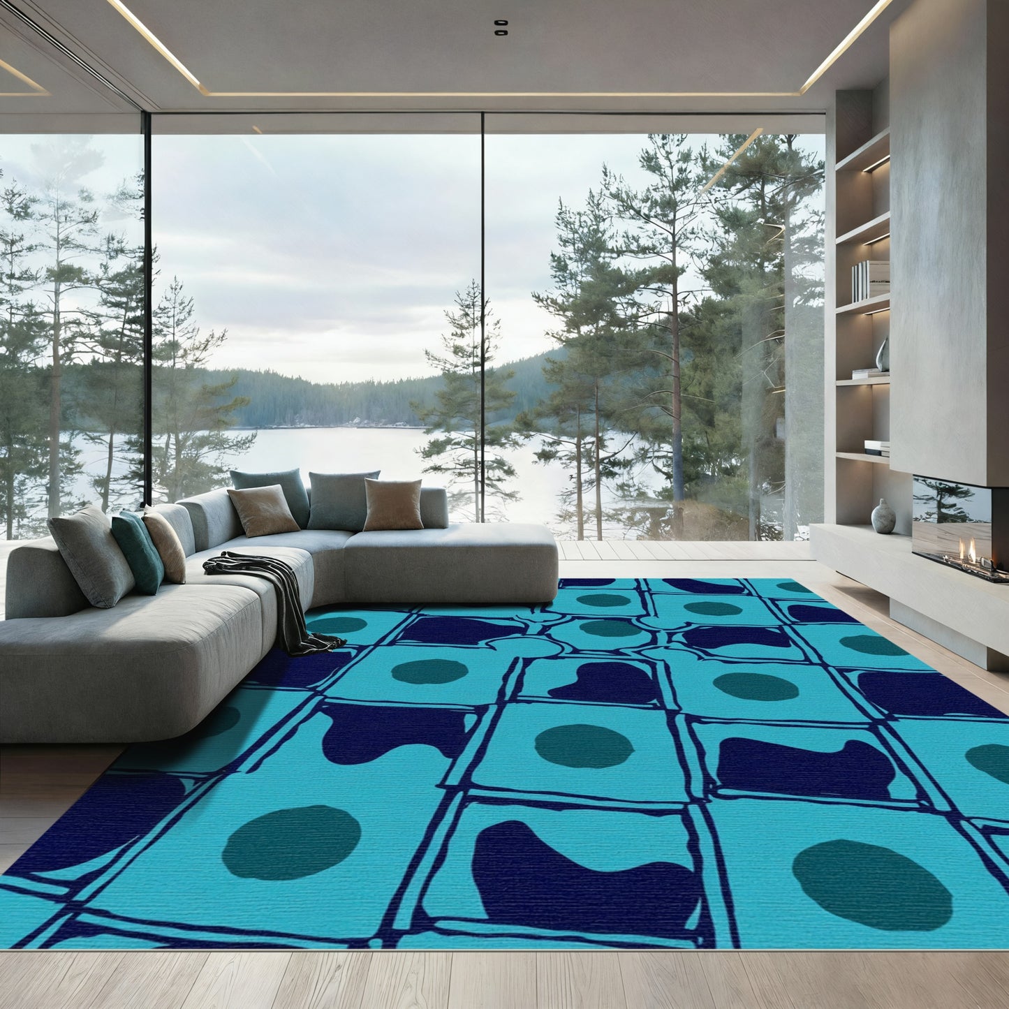 Teal Abstract Organic Grid Rug