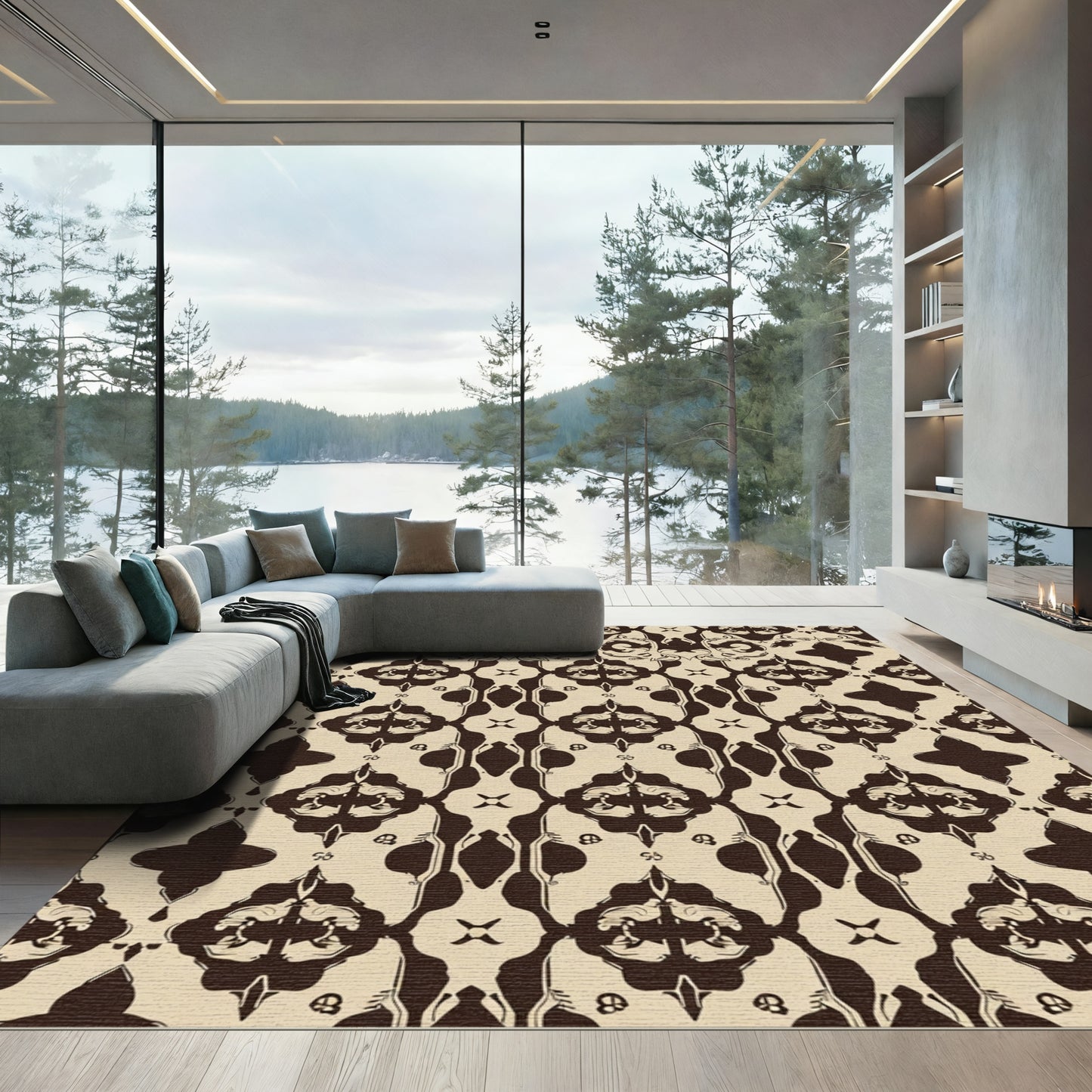 Elegant Khaki Baroque Damask Rug