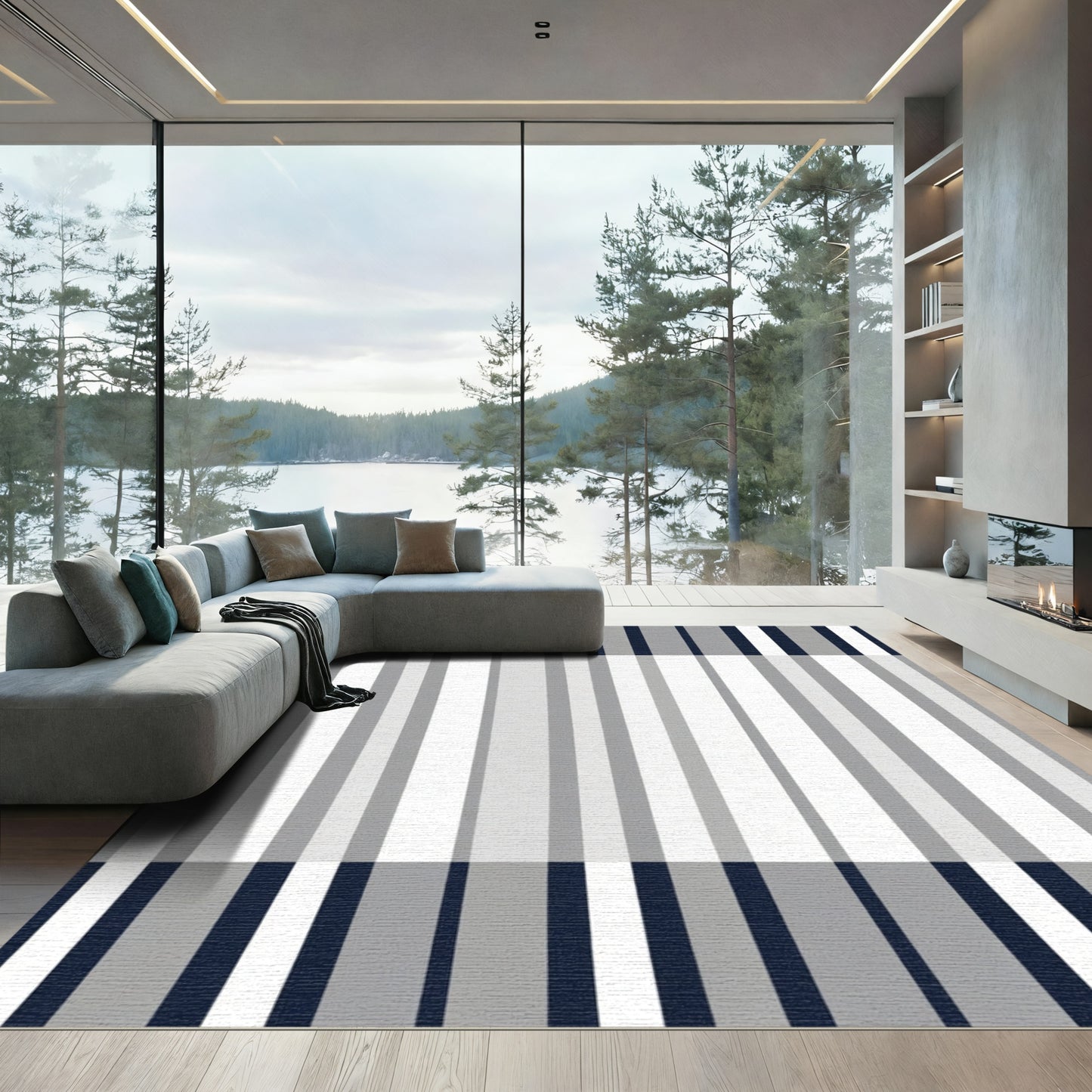 Modern Navy Gray White Stripe Rug