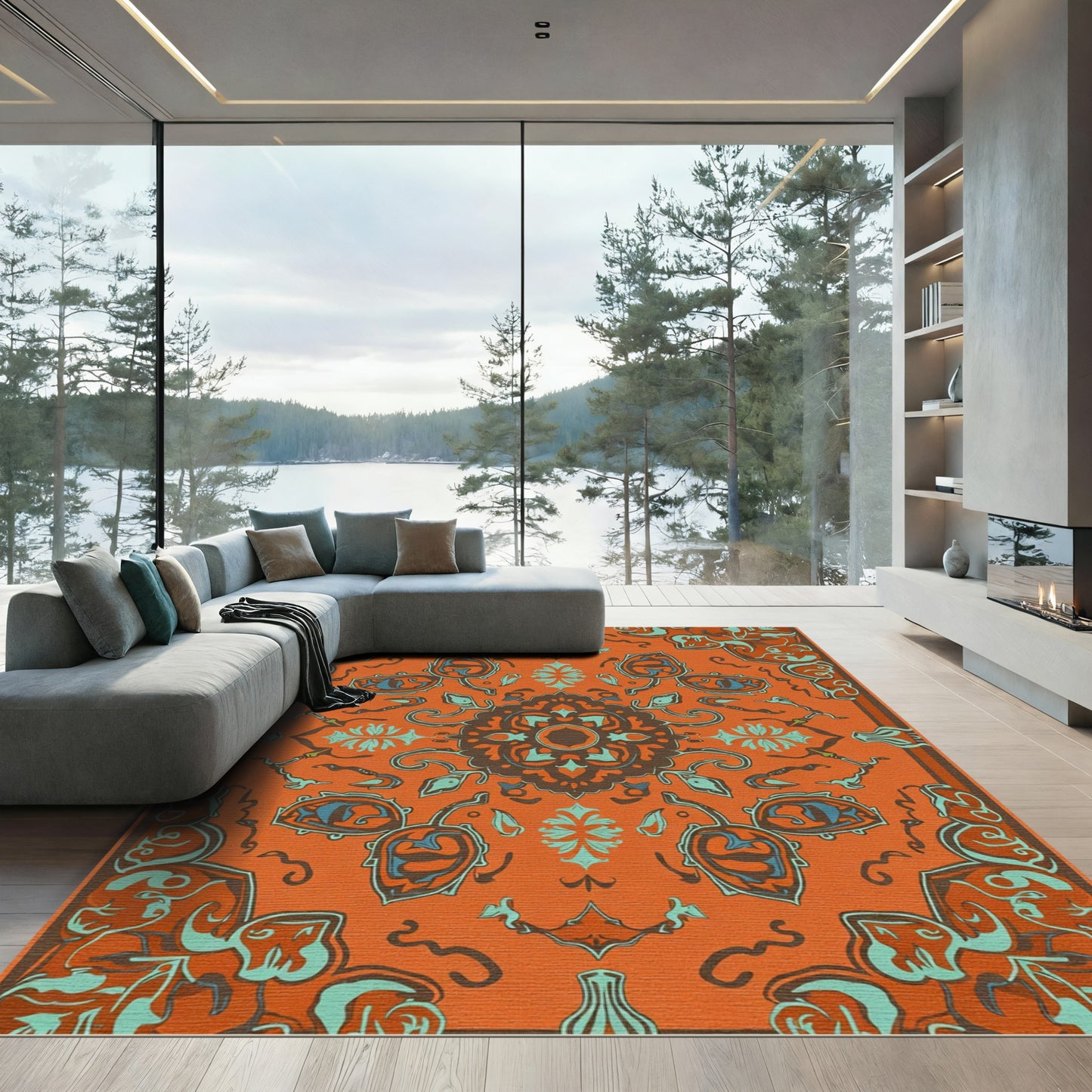 Warm Orange Medallion Floral Swirls Rug