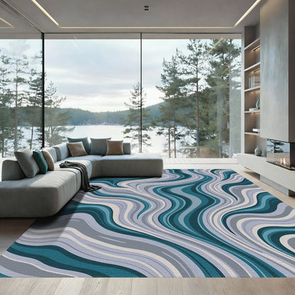 Teal Gray Swirling Waves Rug