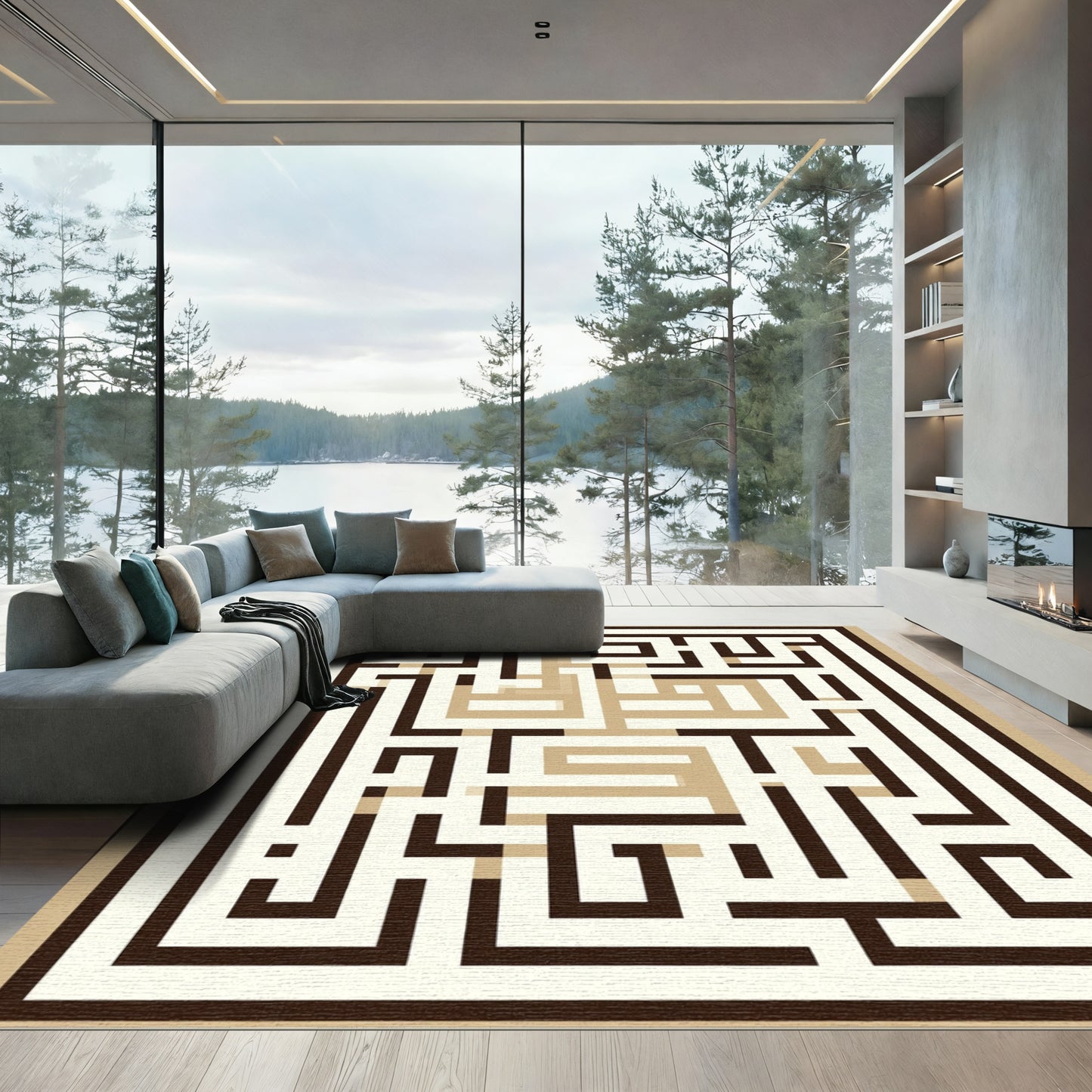 Geometric Brown Maze Labyrinth Rug