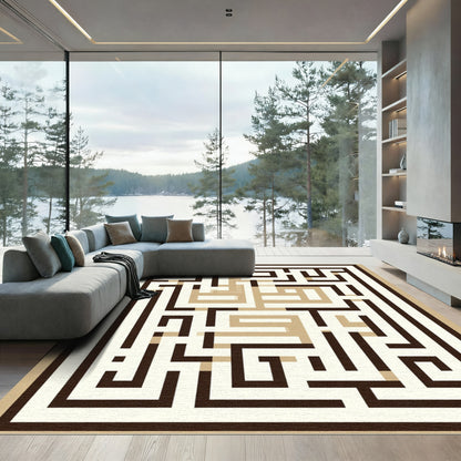 Geometric Brown Maze Labyrinth Rug