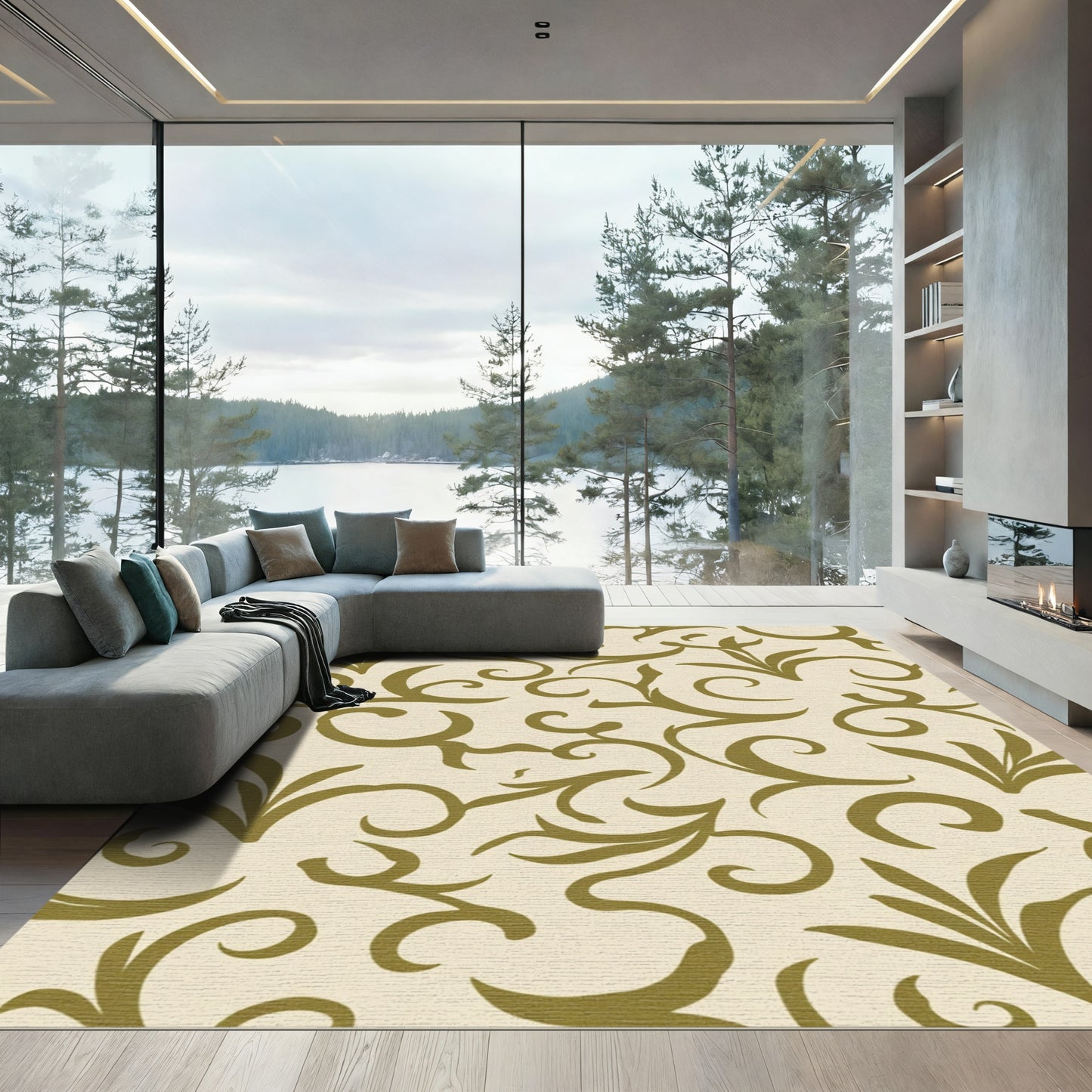 Olive Swirl Floral Garden Rug