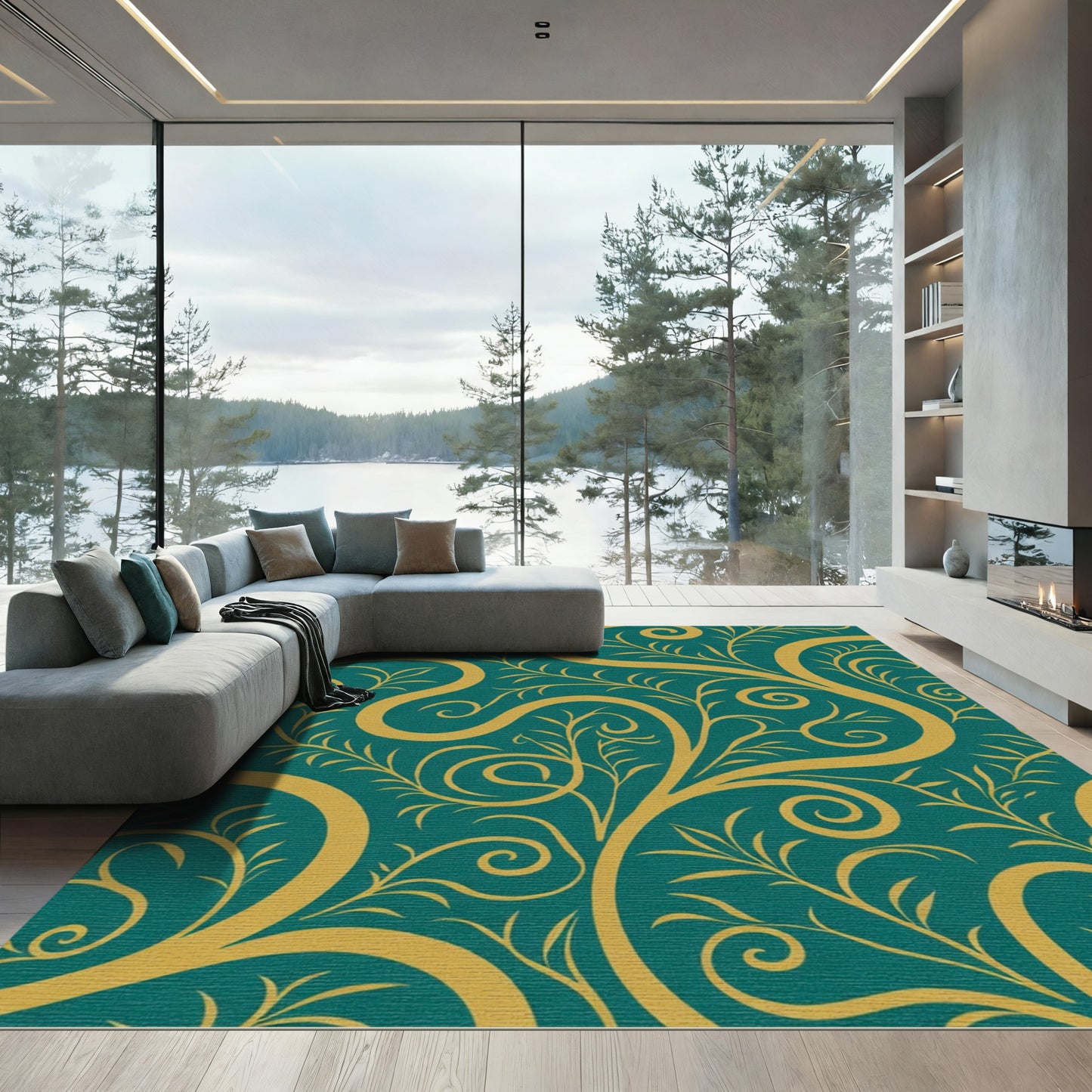 Deep Teal Golden Floral Swirls Rug