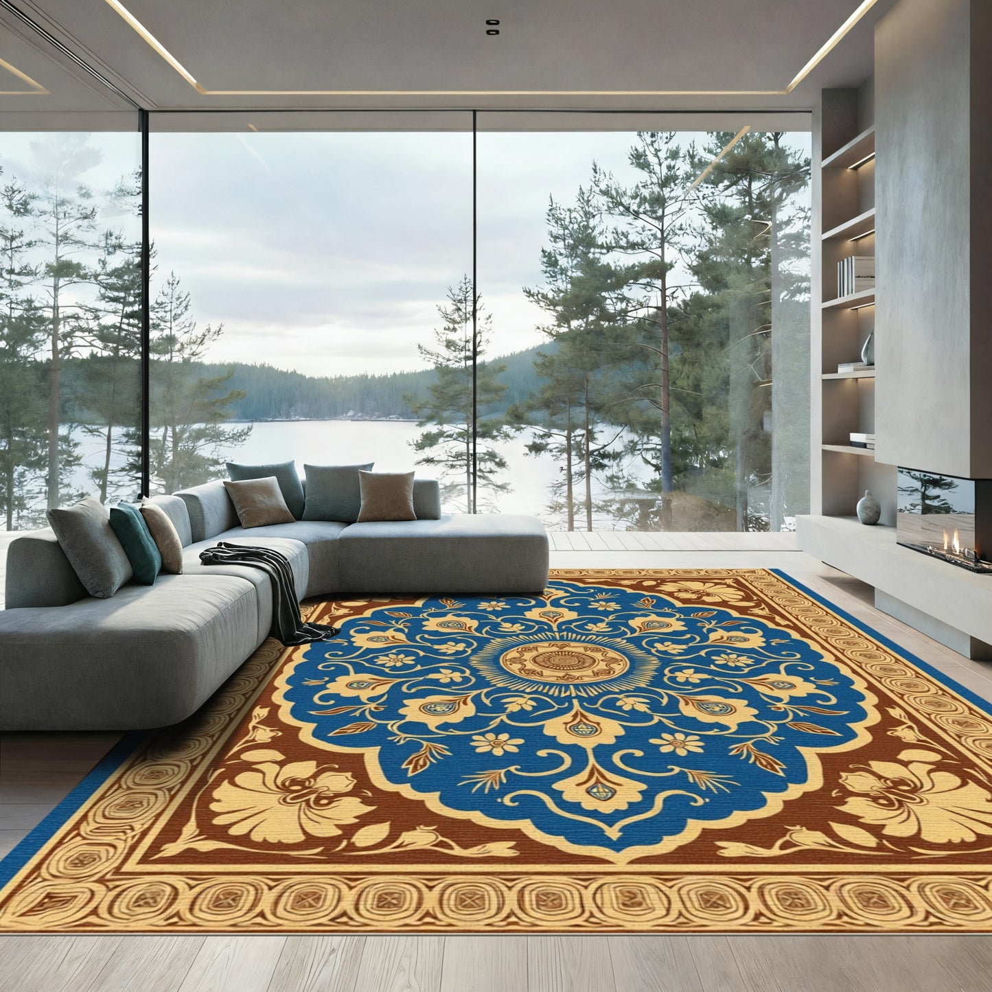 Royal Blue Golden Floral Medallion Rug