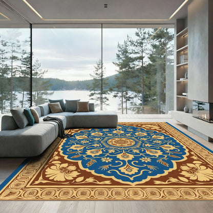 Royal Blue Golden Floral Medallion Rug