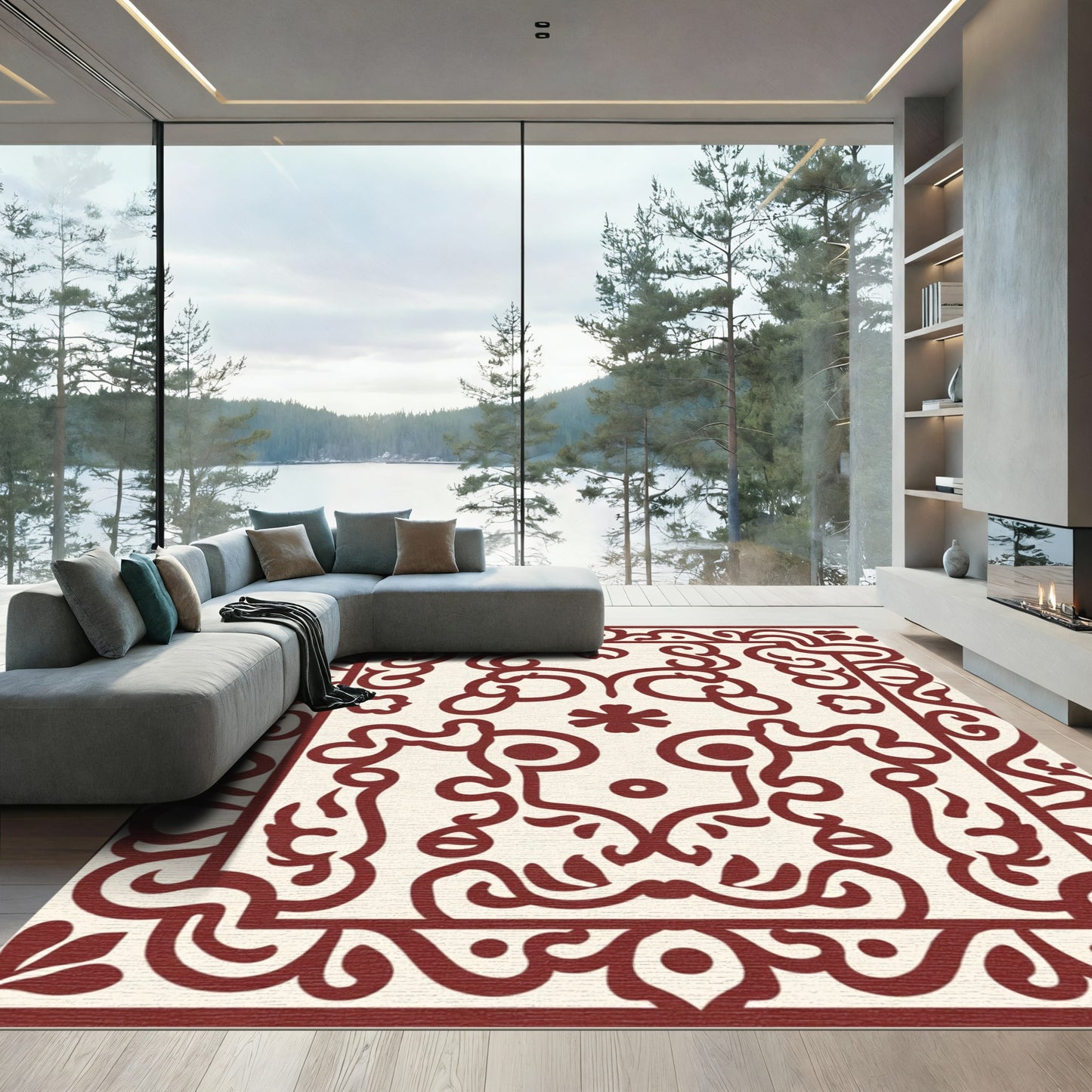 Deep Crimson Vine Scroll Medallion Rug