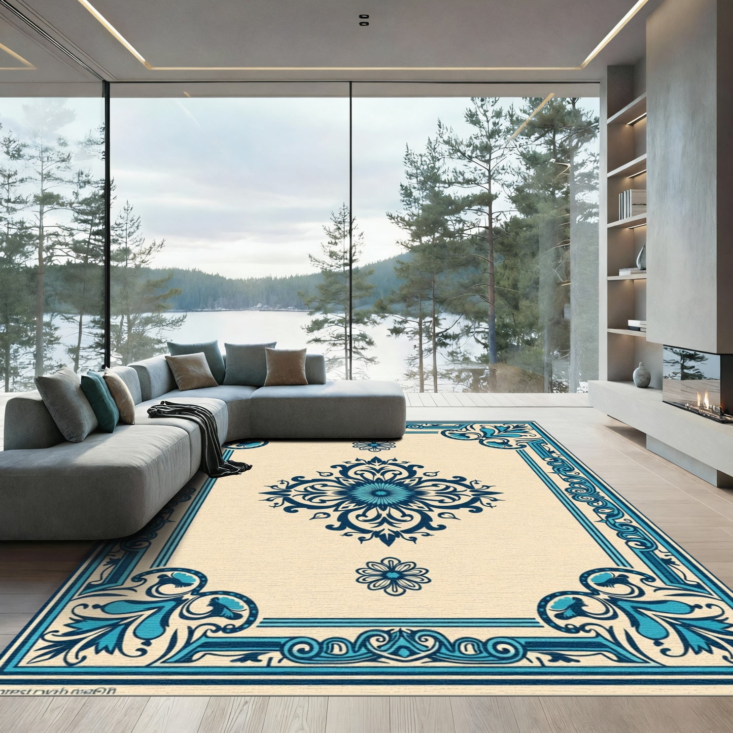 Cream Blue Floral Medallion Border Rug