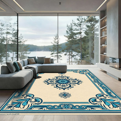 Cream Blue Floral Medallion Border Rug
