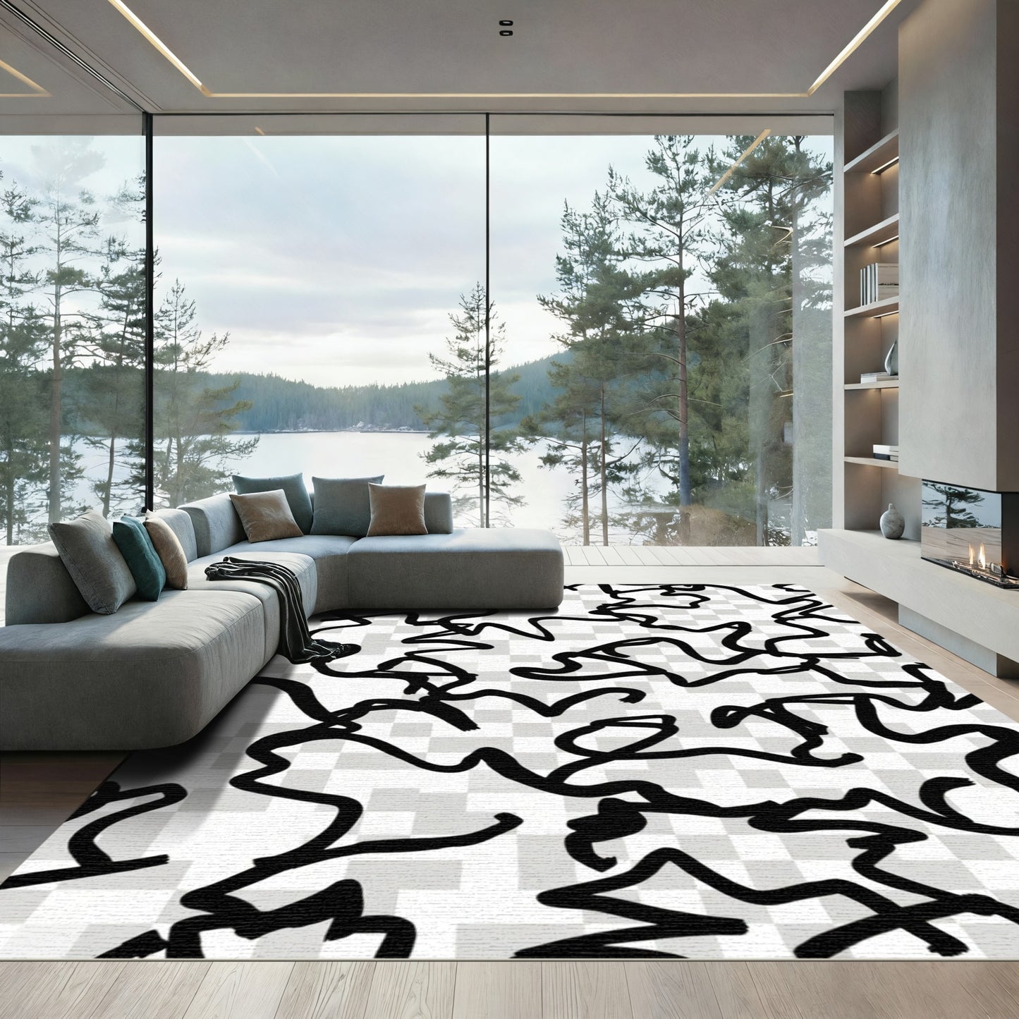 Abstract Black Freeform Brush Strokes Rug