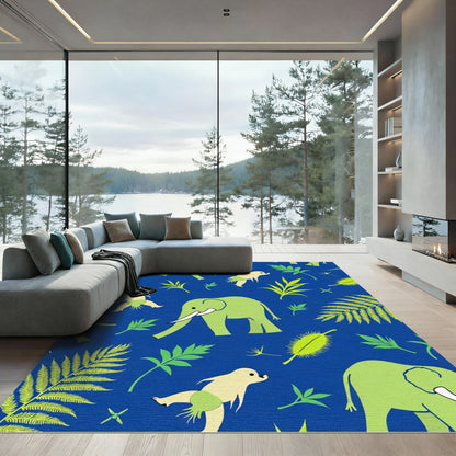 Whimsical Green Elephants Jungle Foliage Rug