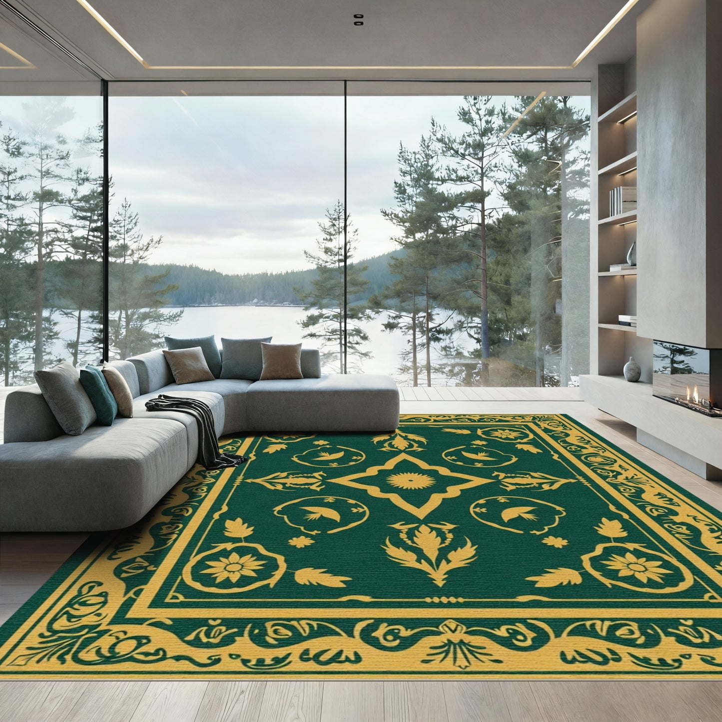 Emerald Golden Floral Bird Medallion Rug