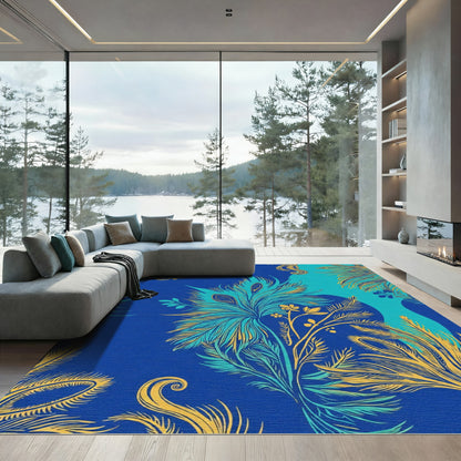 Majestic Blue Teal Golden Feather Arrangement Rug