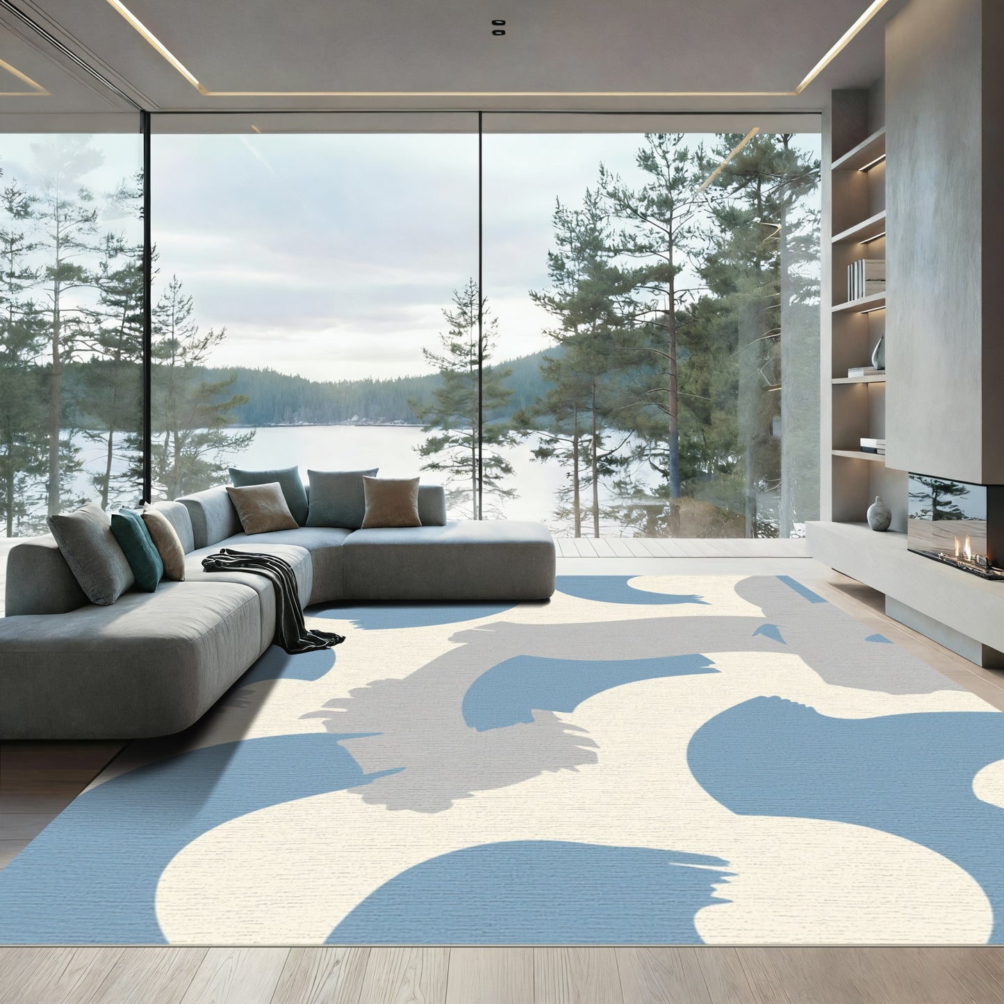 Abstract Blue Gray Swirl Strokes Rug