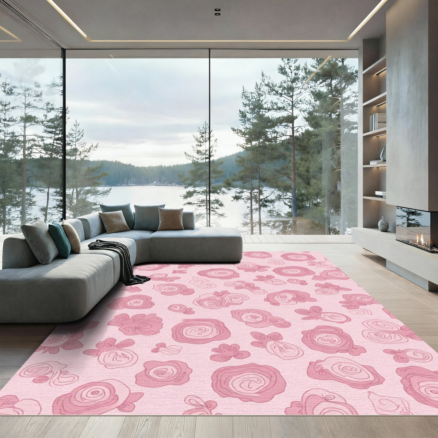 Soft Pink Floral Swirl Arrangement Rug