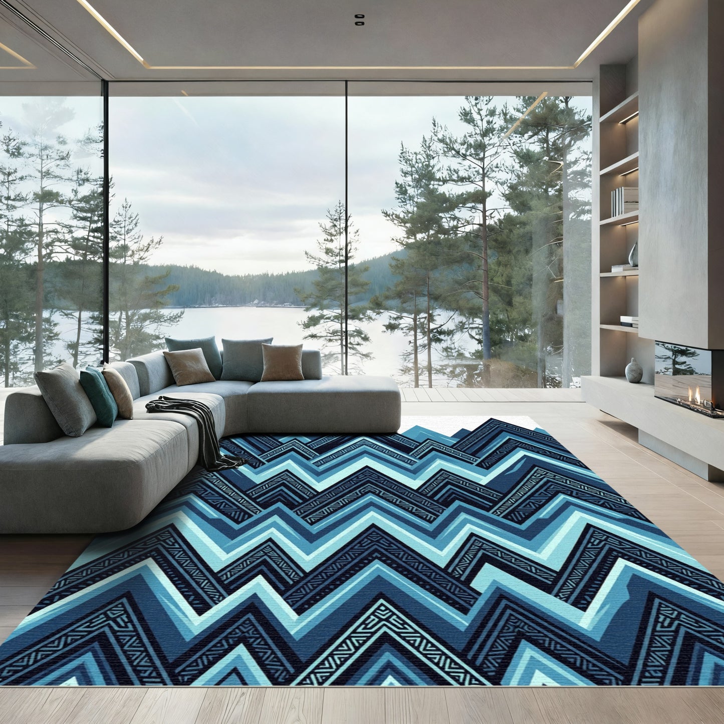 Geometric Mountain Peaks Blue Rug