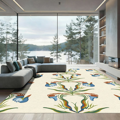 Retro Blue Floral Vine Symmetry Rug