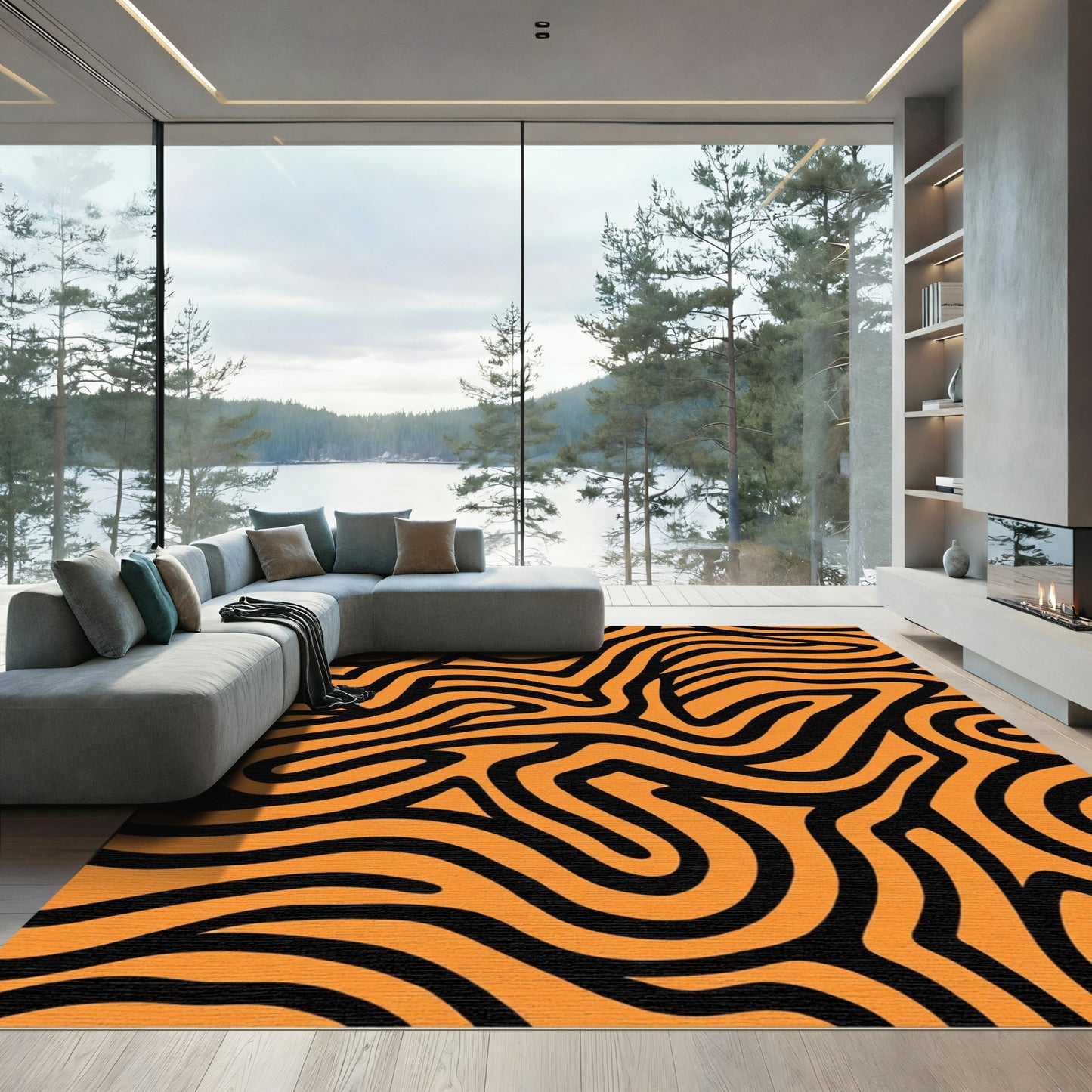Orange Black Abstract Flow Rug