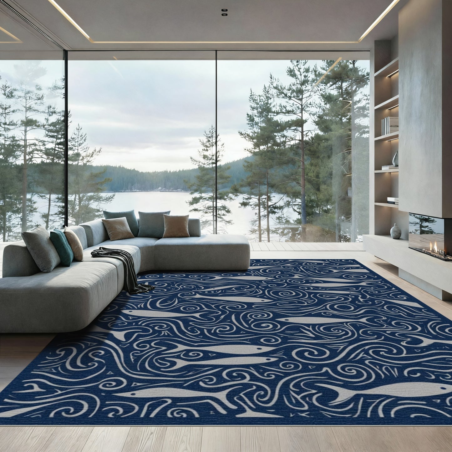 Gray Silver Fish Swirl Ocean Rug