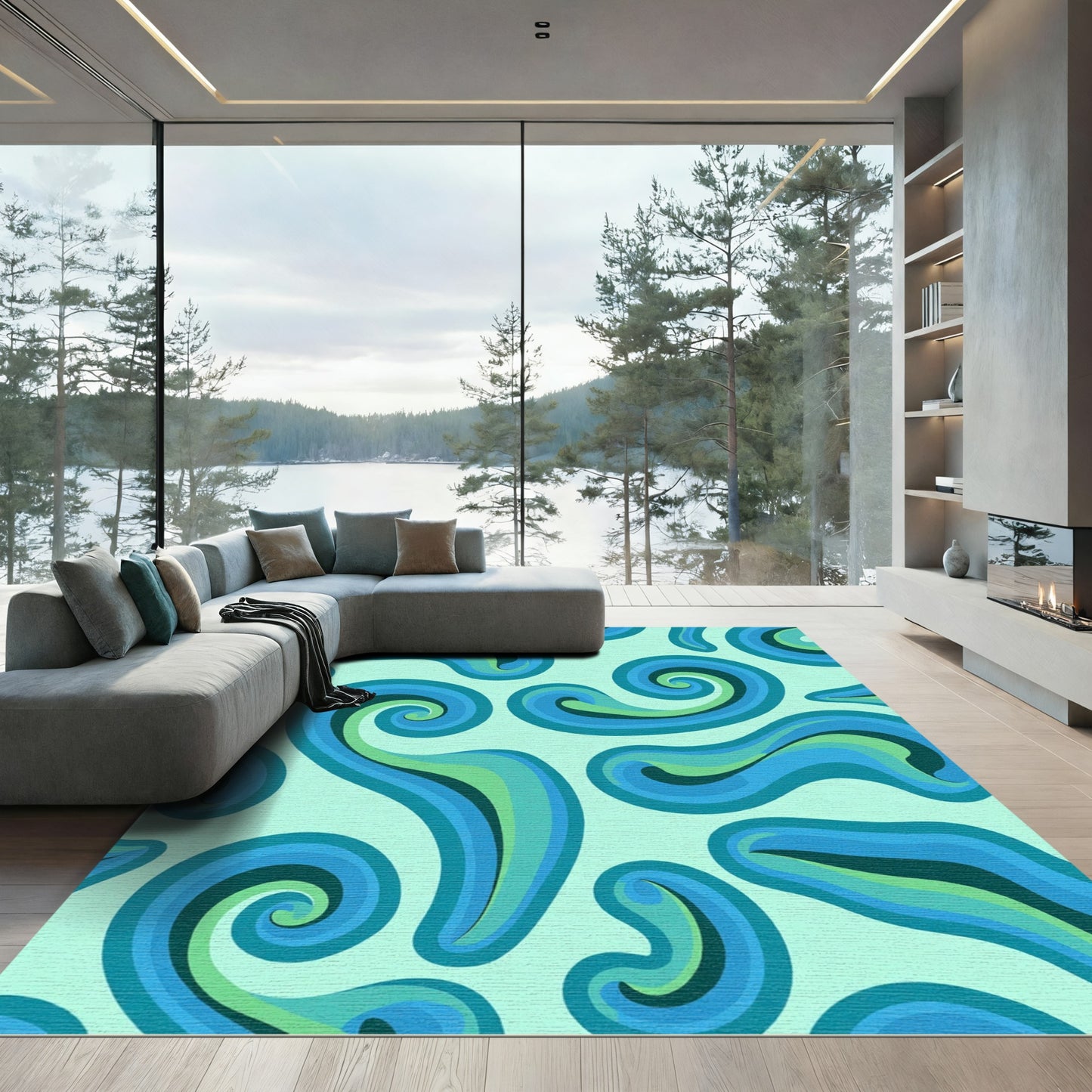 Cool Blue Swirling Waves Rug
