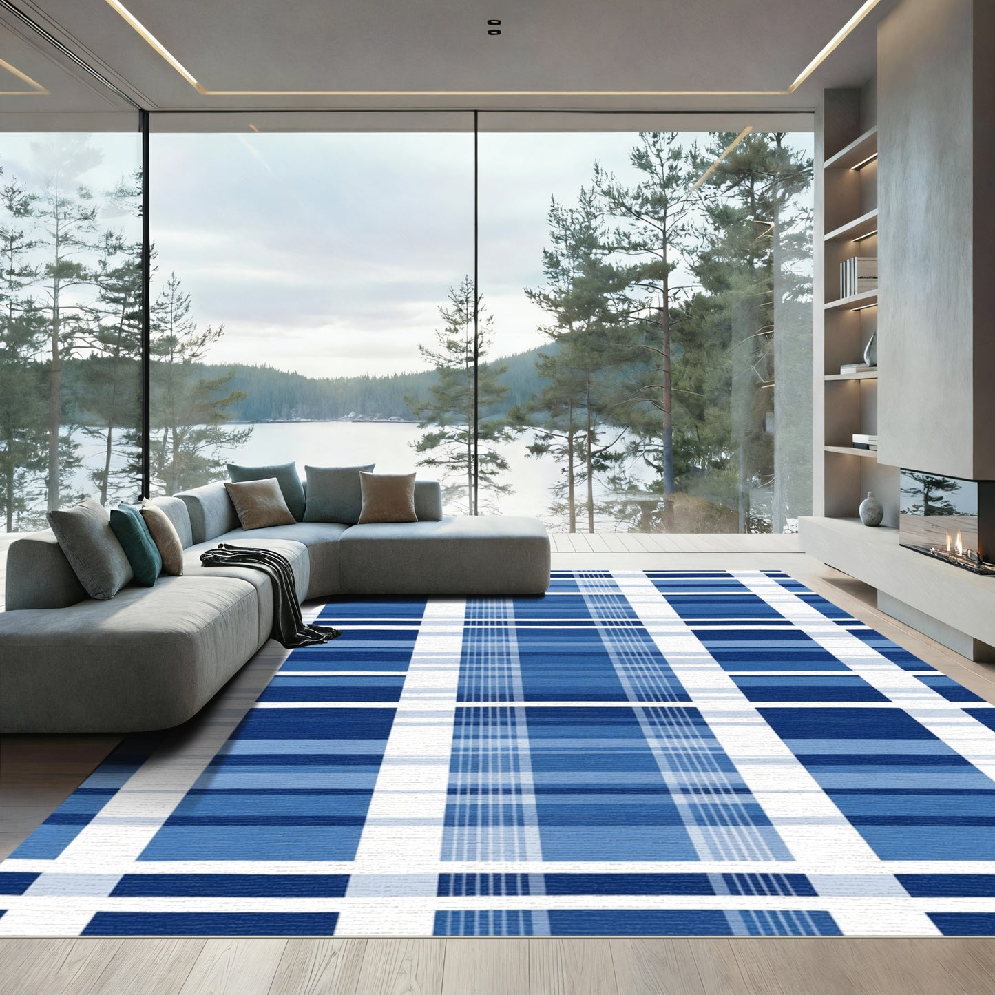 Indigo Blue Watercolor Plaid Rug