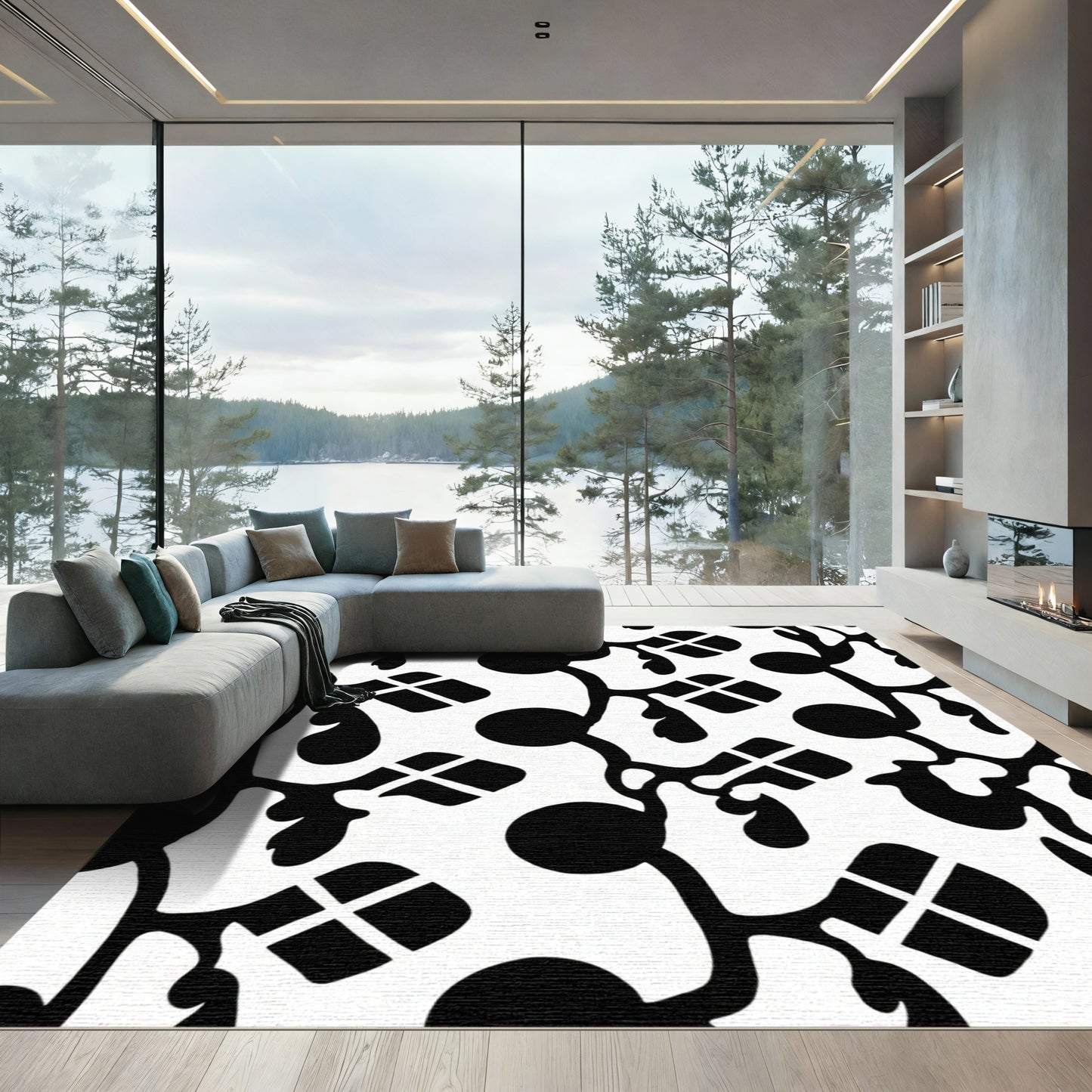 Black White Abstract Organic Shapes Rug