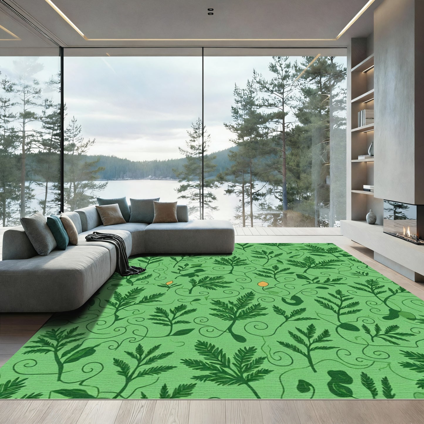 Green Fern Leaf Swirl Nature Rug