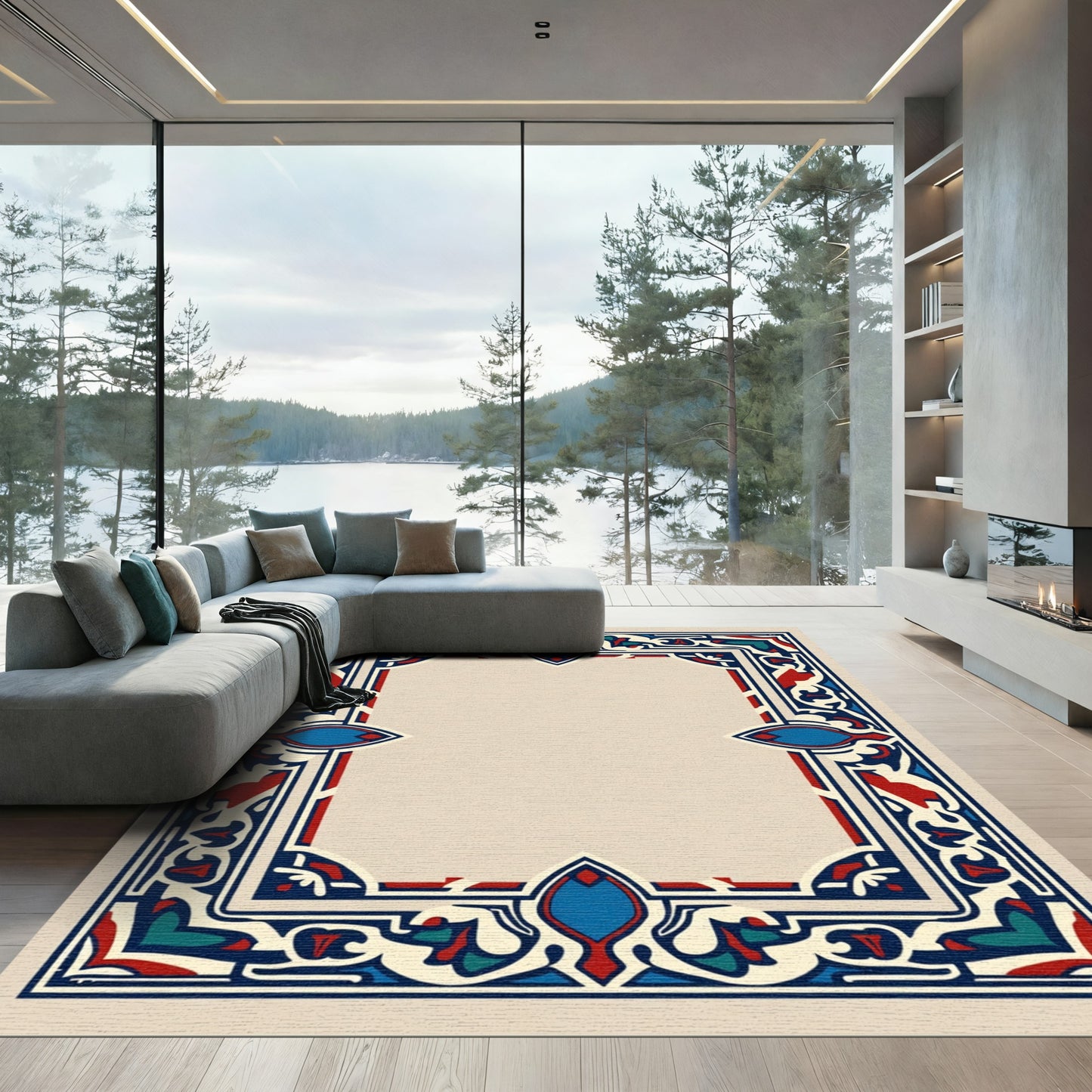 Rich Red Blue Ivory Ornamental Frame Rug