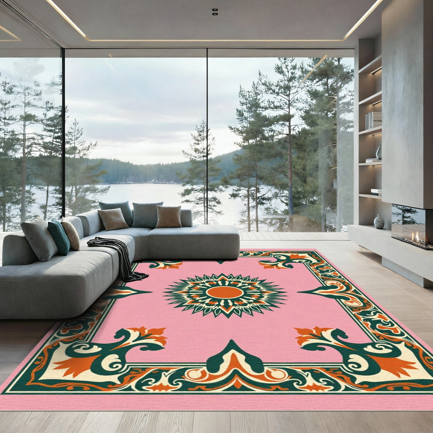 Pink Ivory Coral Floral Sunburst Border Rug