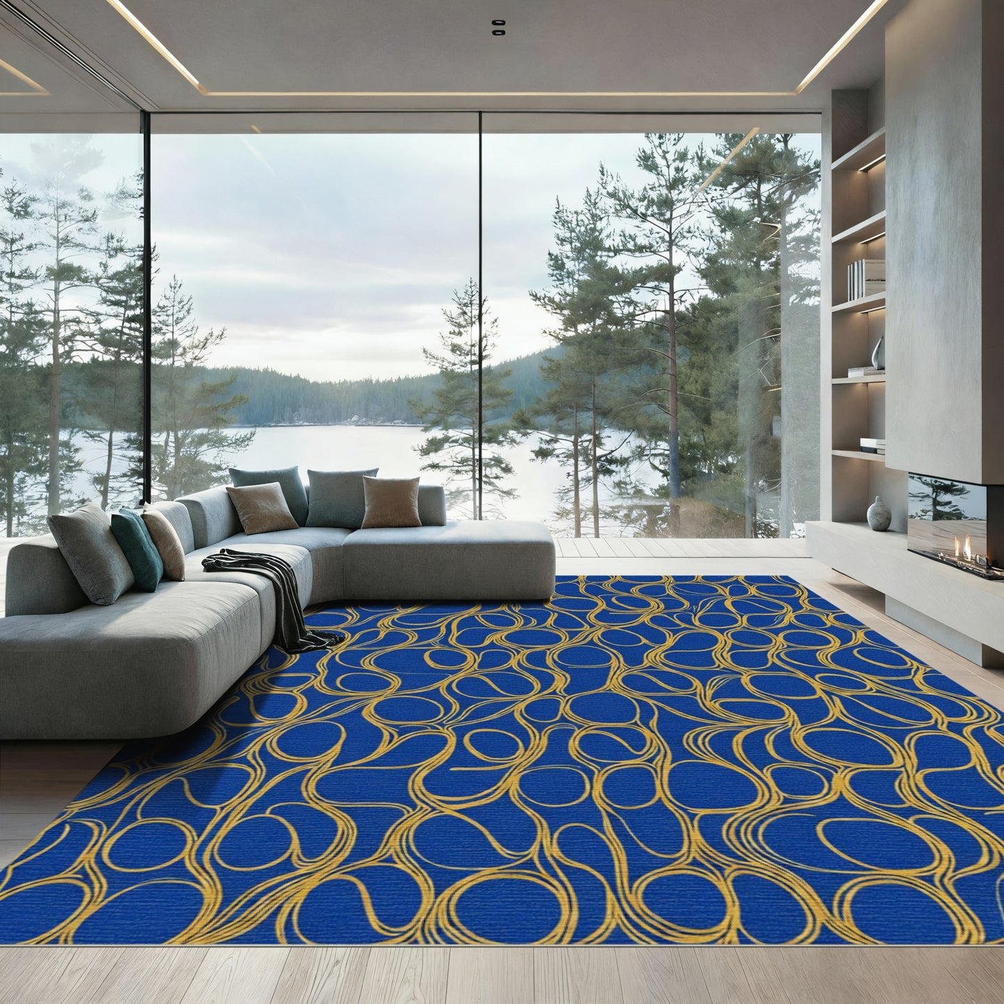 Abstract Blue Yellow Fluid Weave Rug