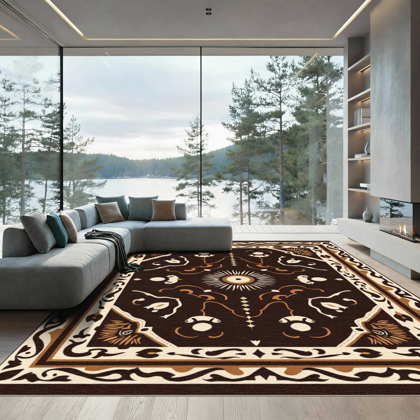 Brown Cream Sunburst Floral Eye Rug