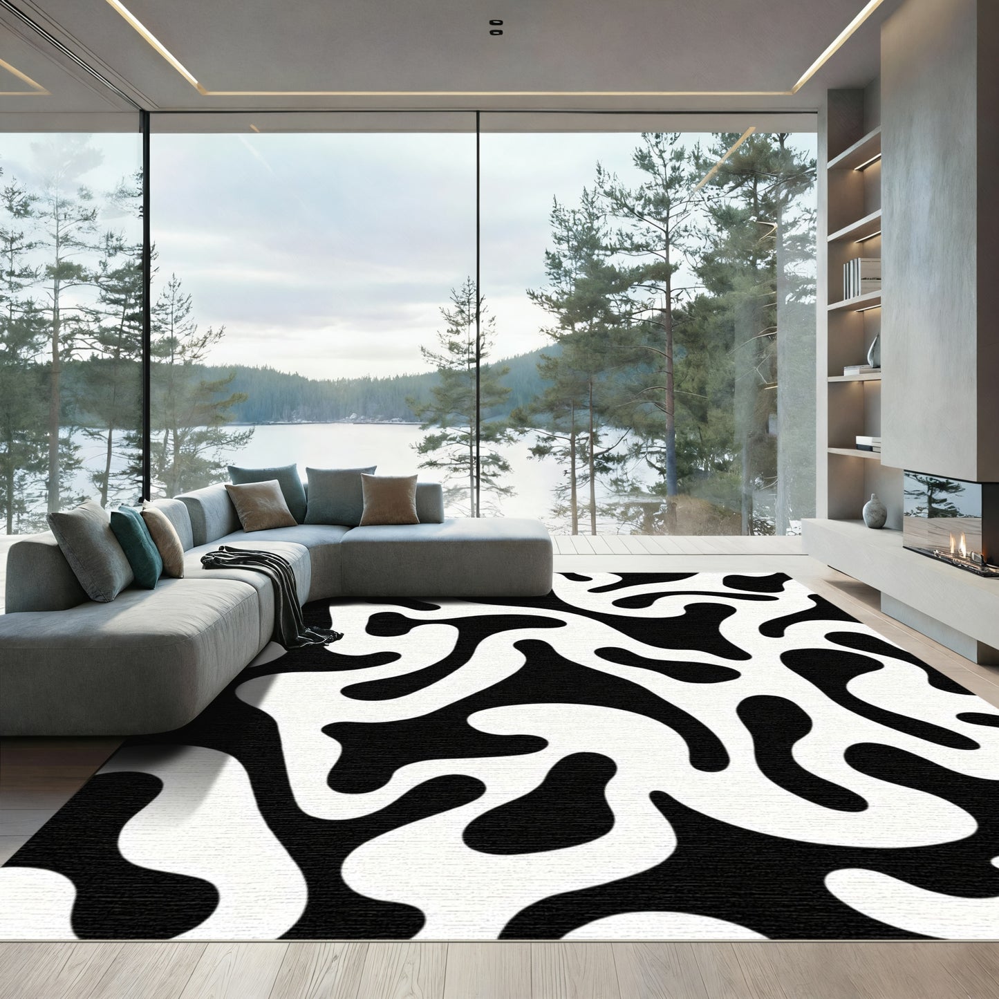 Abstract Black White Organic Flow Rug