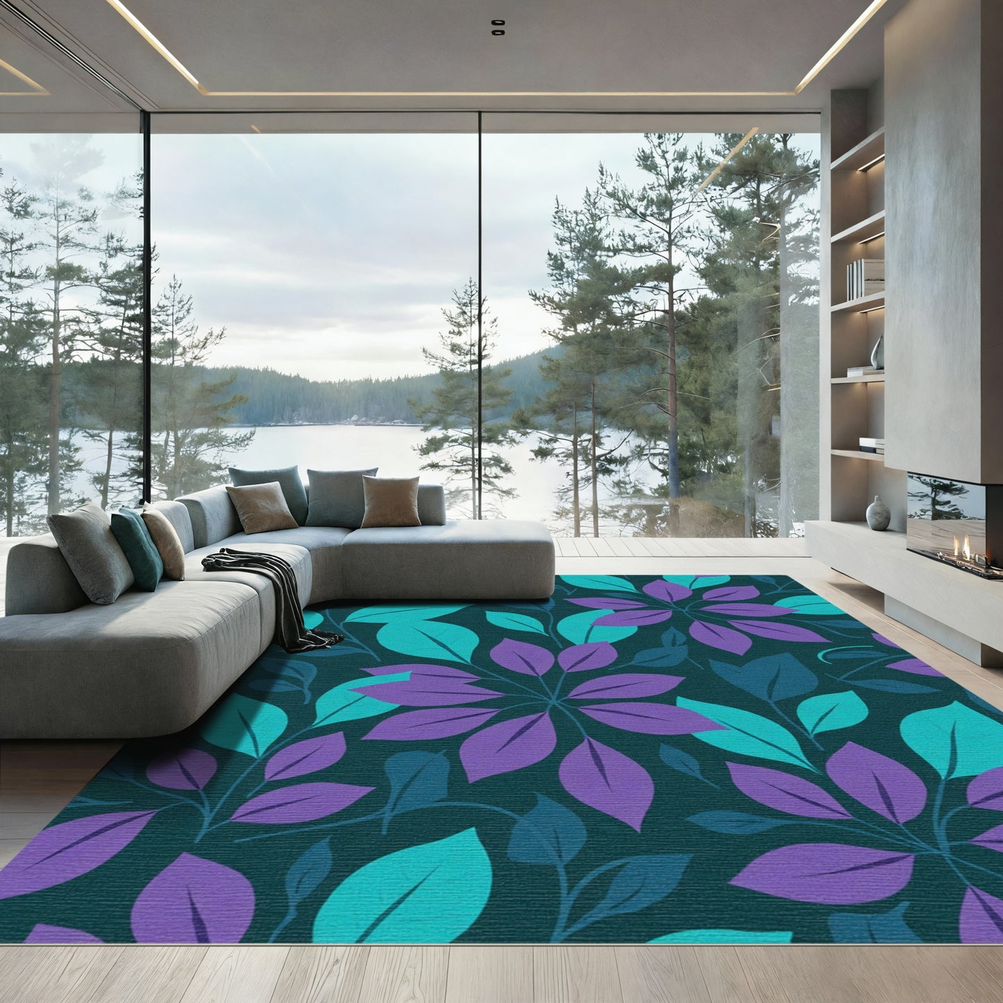 Teal Purple Leafy Vine Arrangement Rug